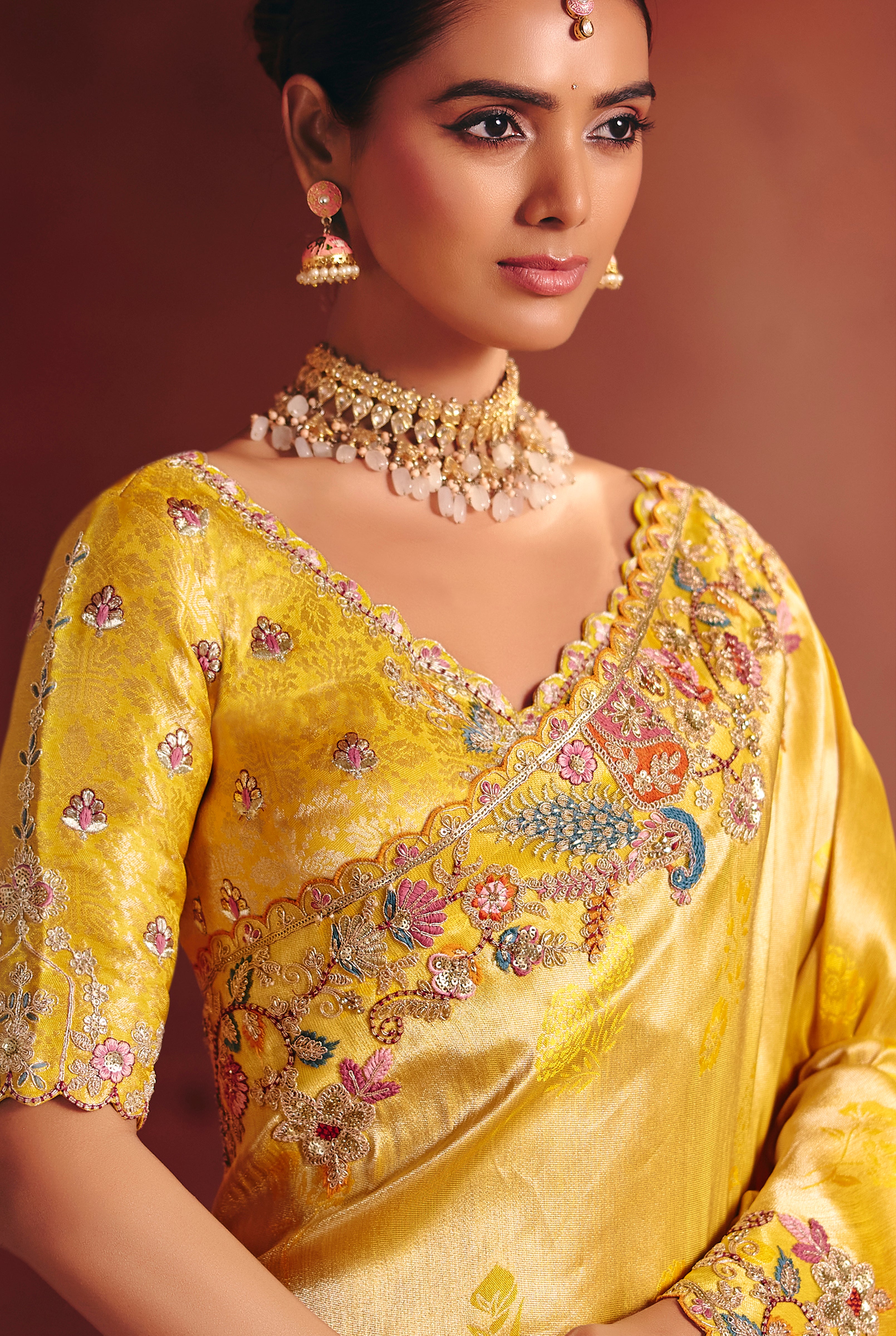 Mustard Saree With  Sequin, Thread, Weaving Heavy Embroidery Work  With Heavy Embroidery Work Blouse