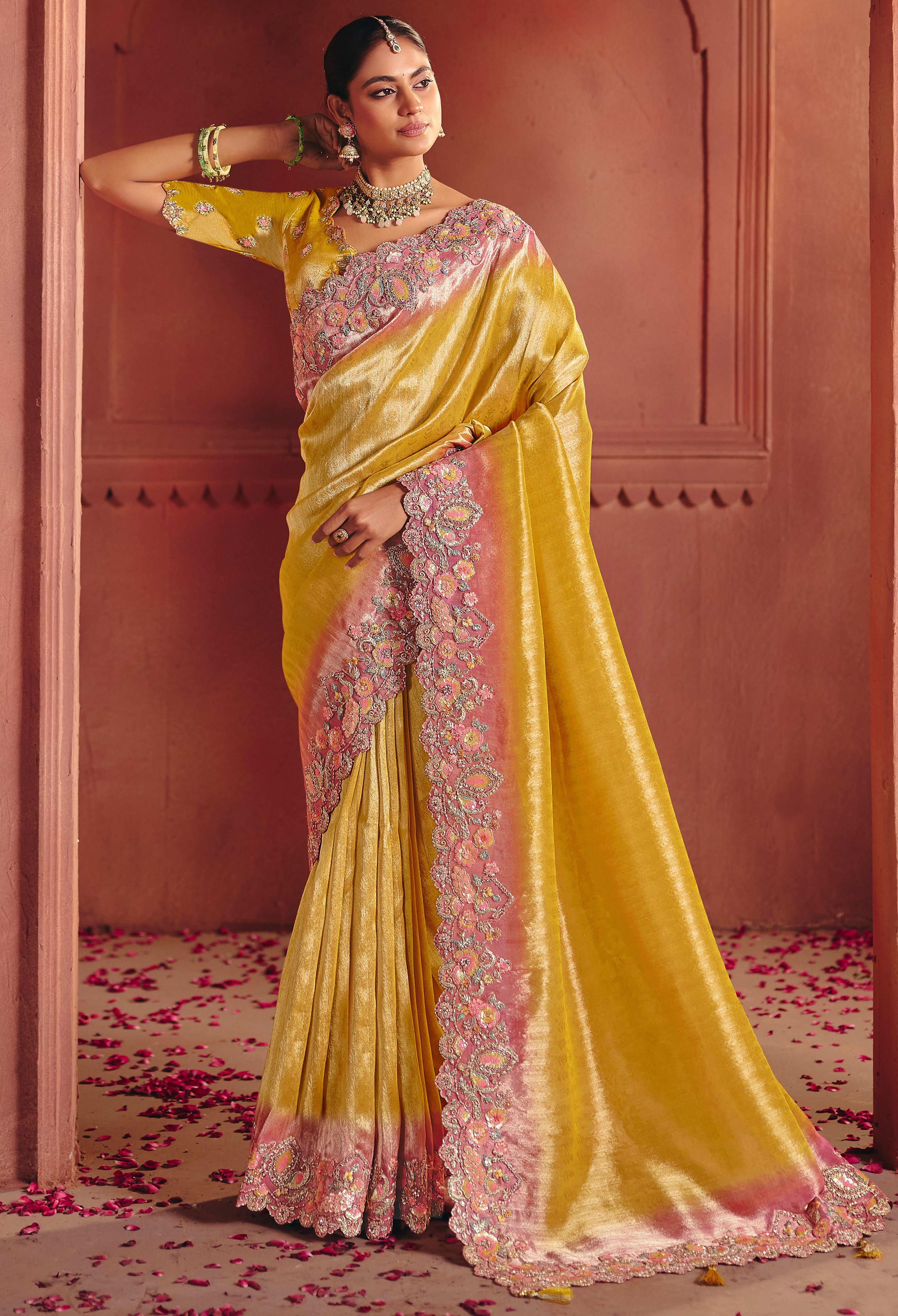 Mustard Saree With  Sequin, Thread, Weaving Heavy Embroidery Work  With Heavy Embroidery Work Blouse