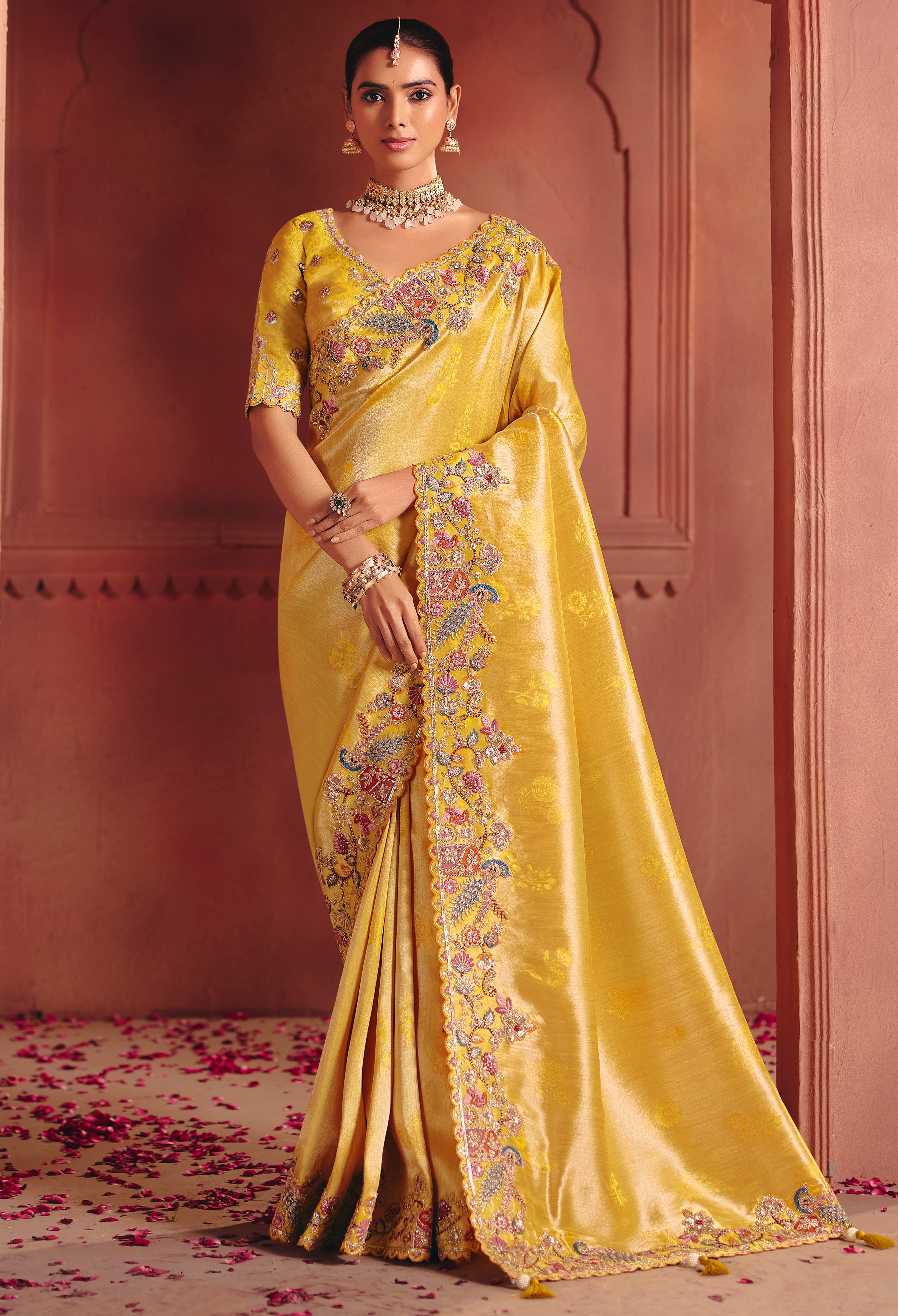 Mustard Saree With  Sequin, Thread, Weaving Heavy Embroidery Work  With Heavy Embroidery Work Blouse