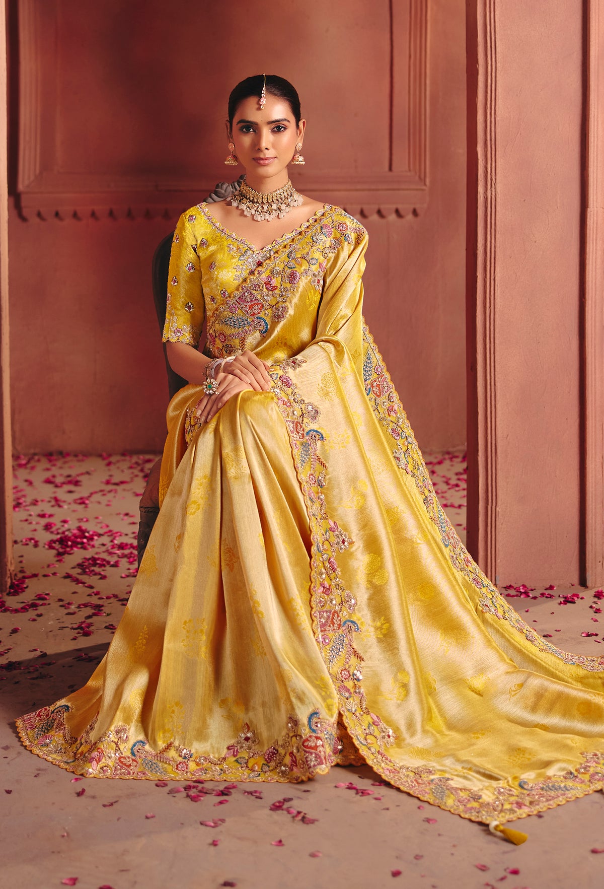 Mustard Saree With  Sequin, Thread, Weaving Heavy Embroidery Work  With Heavy Embroidery Work Blouse