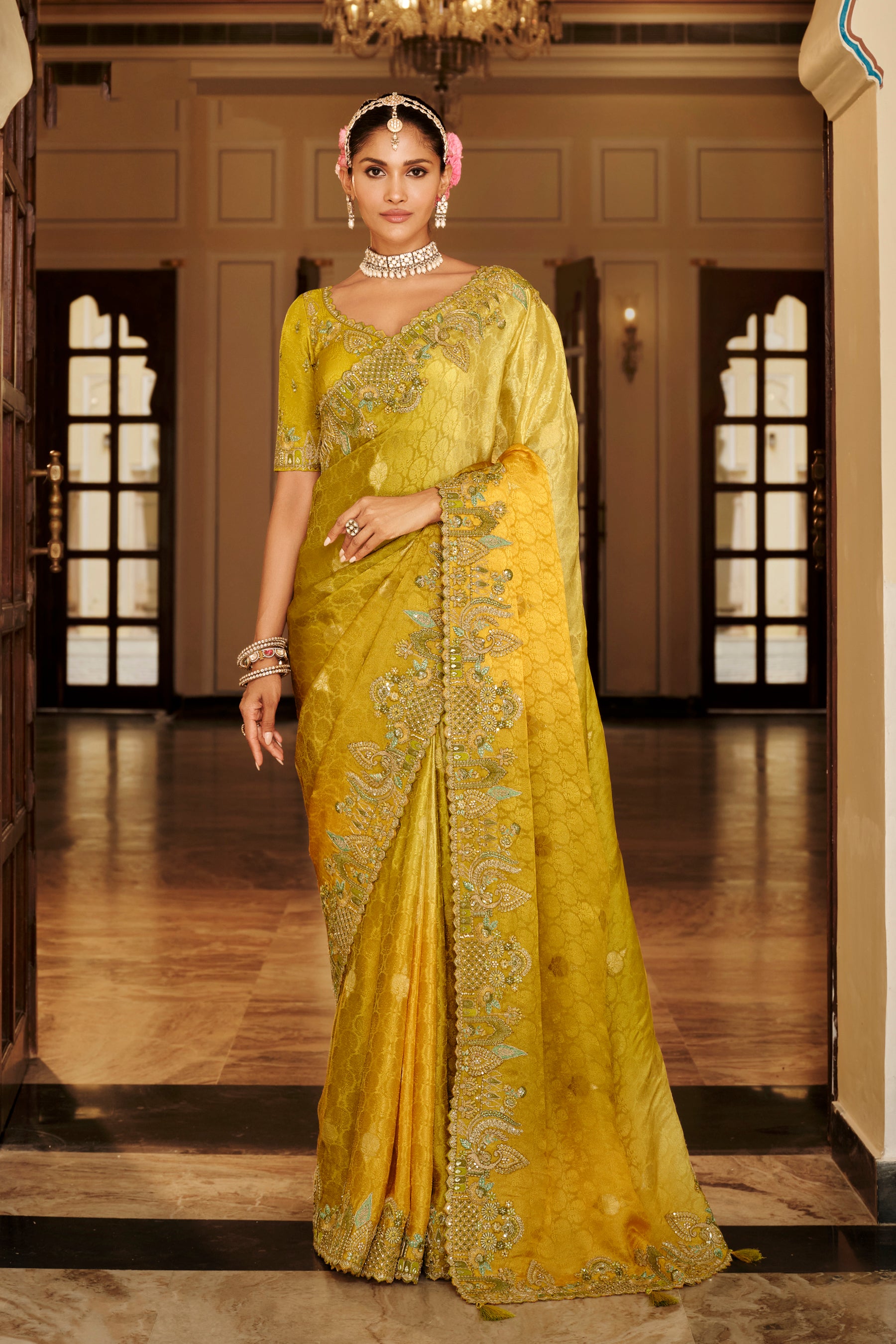 Mustard Saree With  Zari weaving With Heavy Thread Embroidery With khatli work