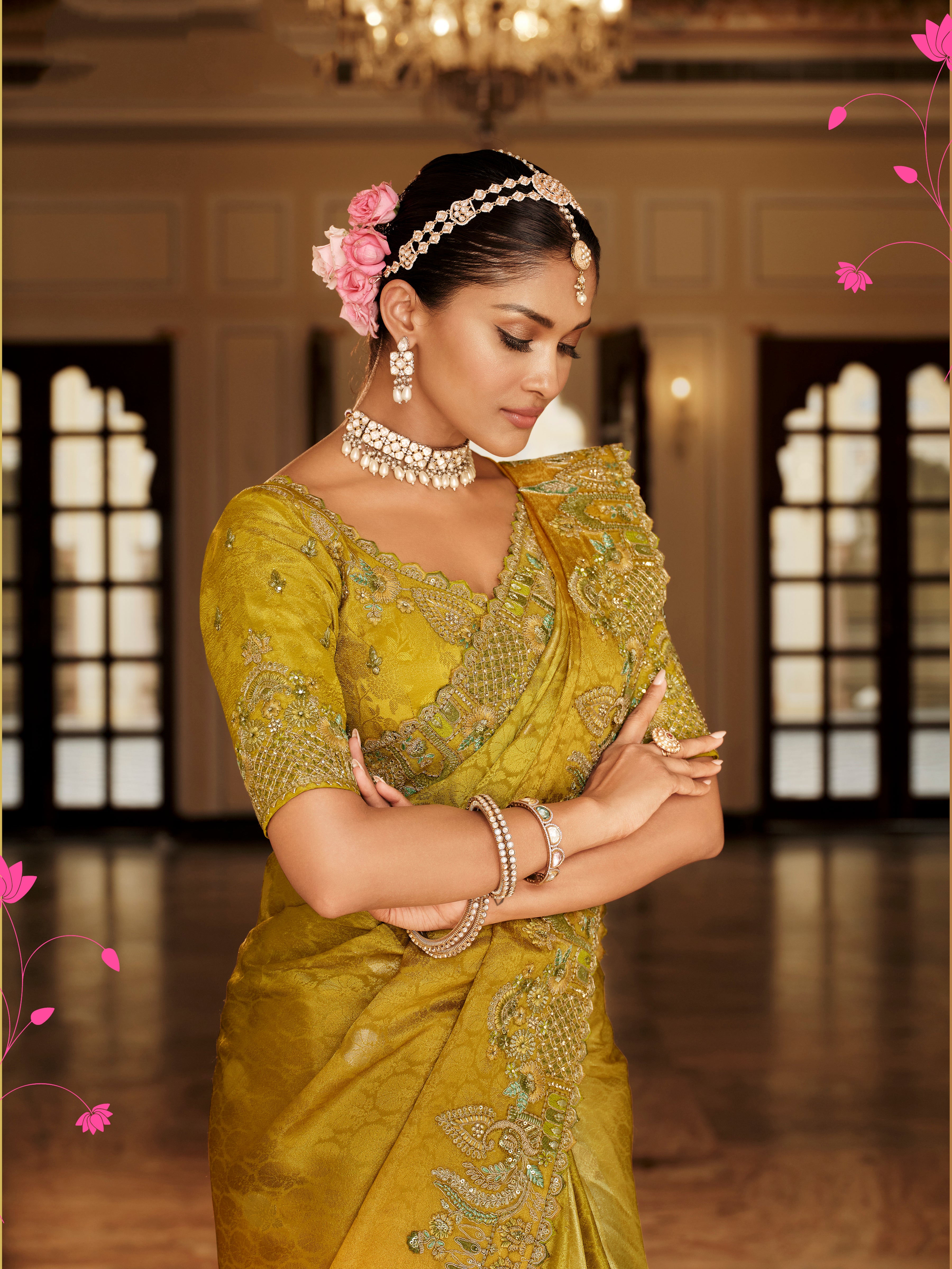 Mustard Saree With  Zari weaving With Heavy Thread Embroidery With khatli work