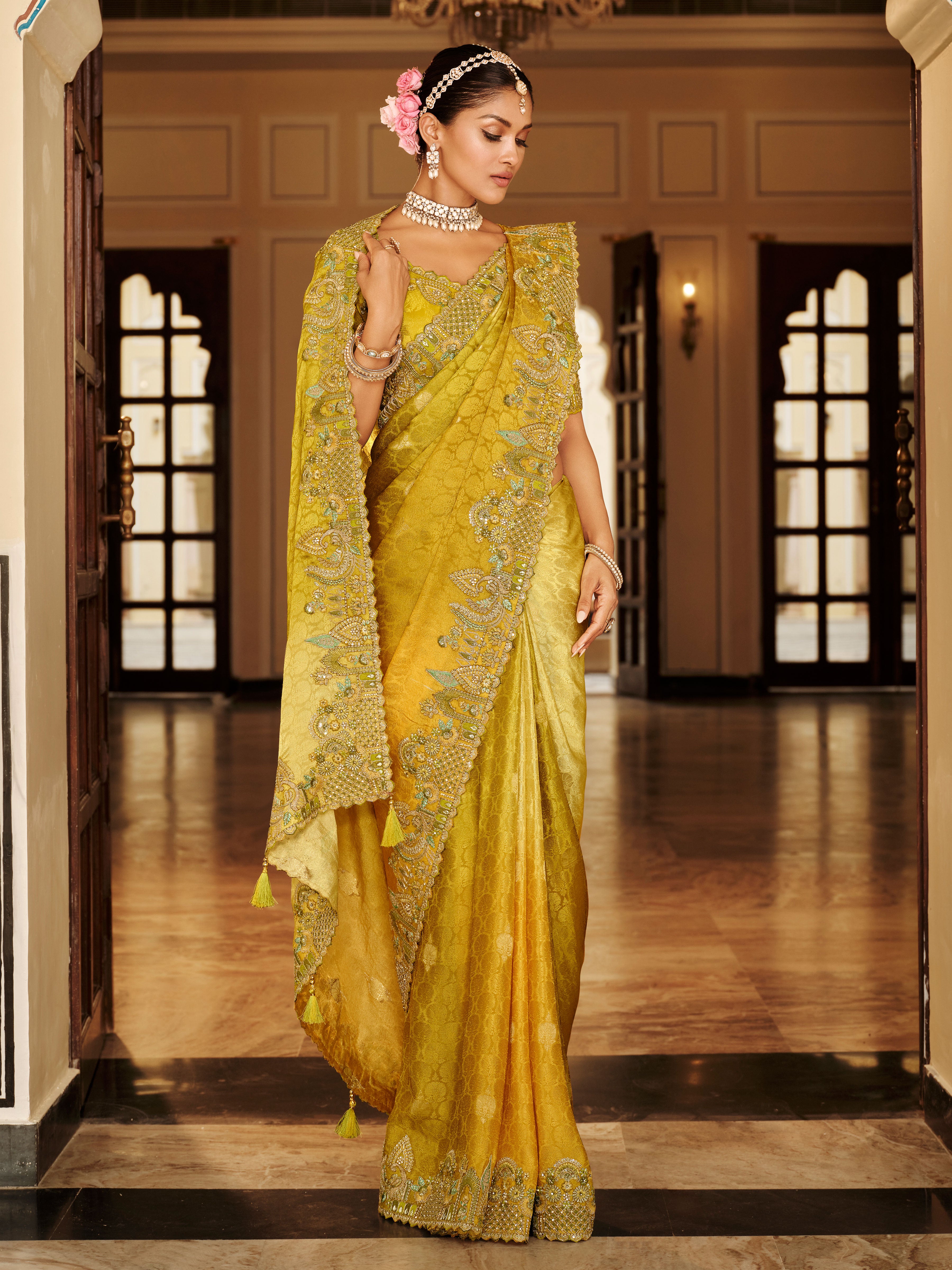 Mustard Saree With  Zari weaving With Heavy Thread Embroidery With khatli work