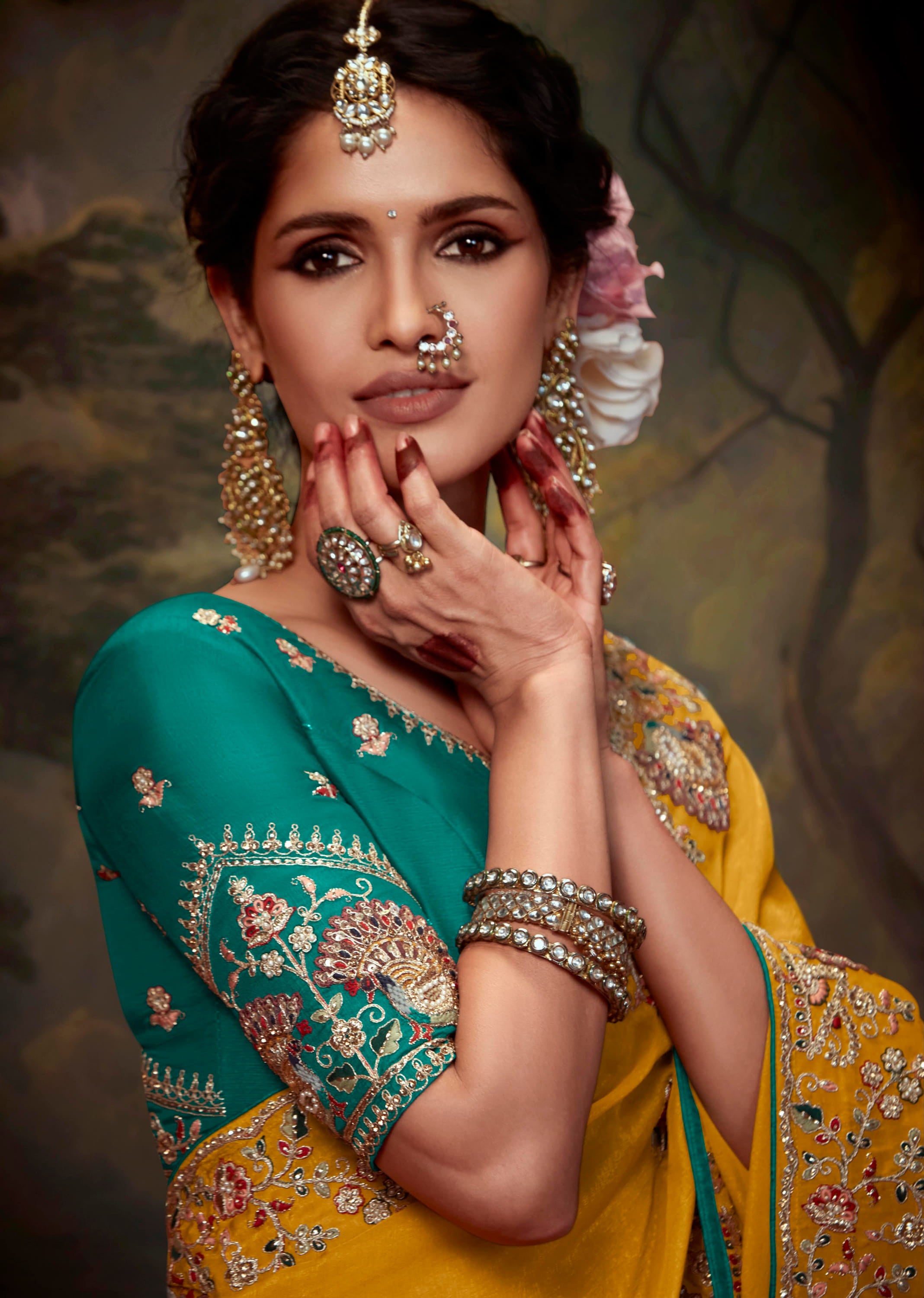 Mustard Saree with Heavy Thread Embroidery Sequins Work and Embroidery Blouse