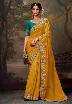 Mustard Saree with Heavy Thread Embroidery Sequins Work and Embroidery Blouse