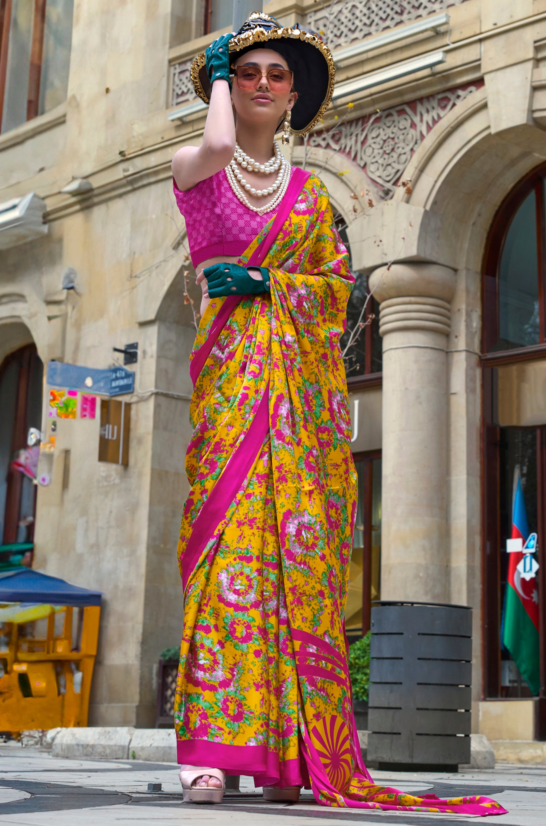 Mustard Satin Saree With  Digital Print