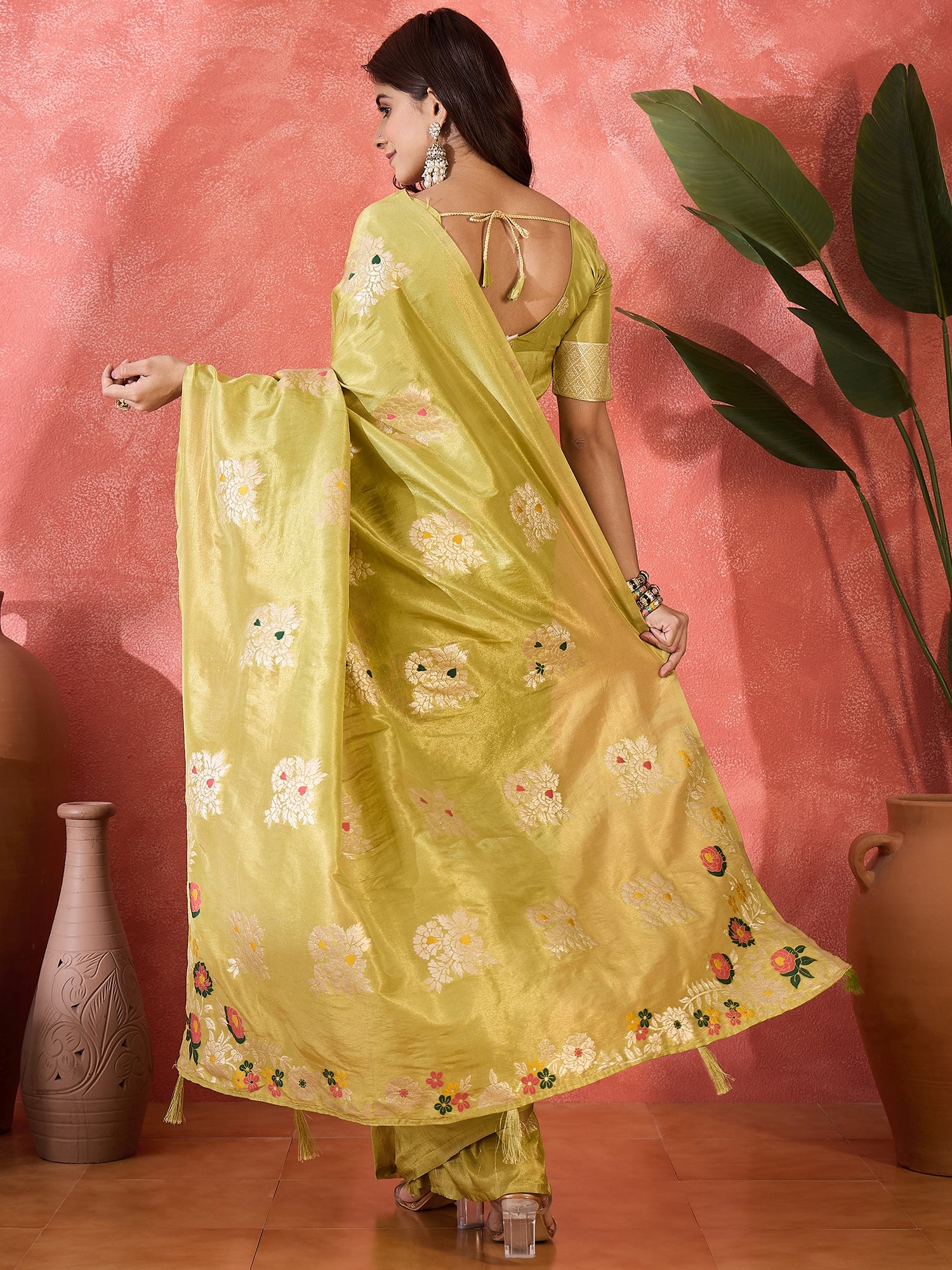 Mustard Shimmer Silk Woven Jacquard Designer Traditional Partywear Saree