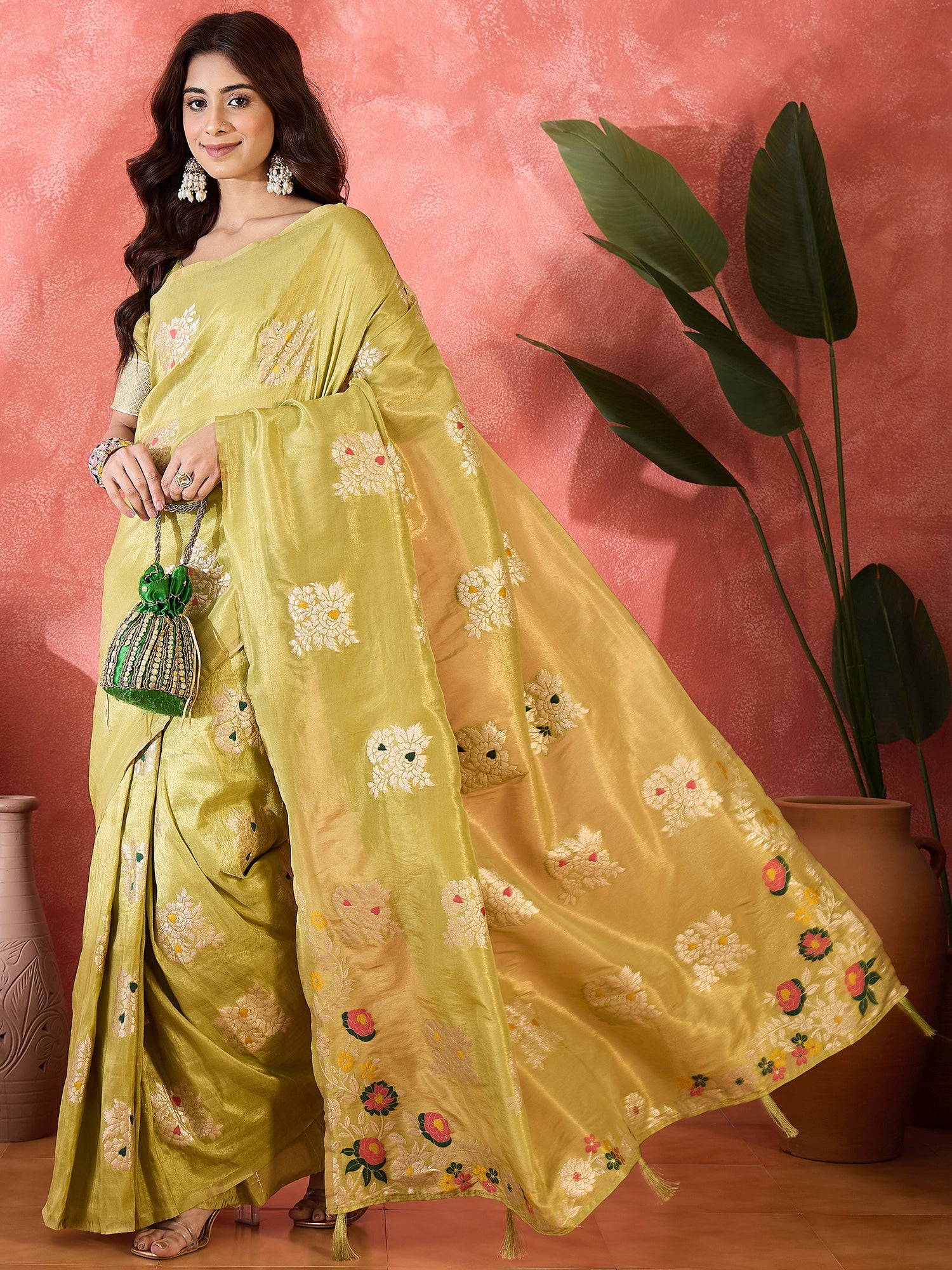 Mustard Shimmer Silk Woven Jacquard Designer Traditional Partywear Saree