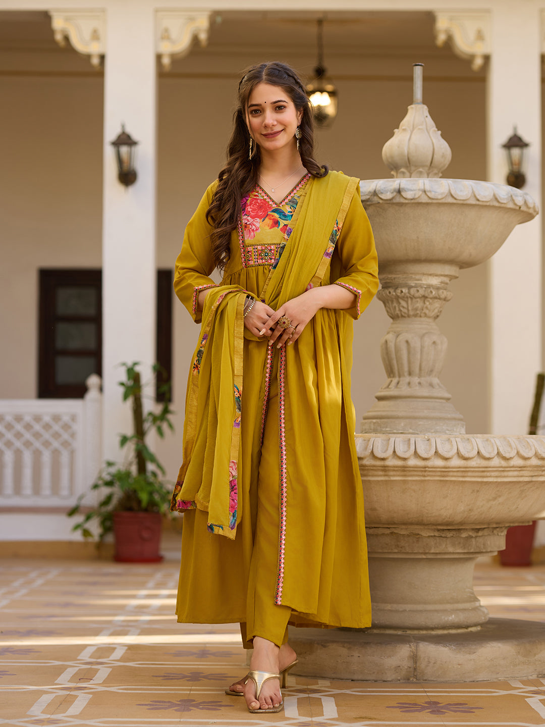 Mustard Silk Kurta Pant Set With Heavy Thread Embroidery Work