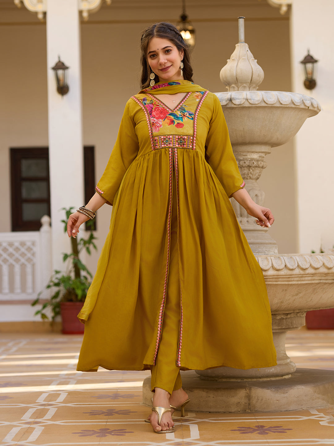 Mustard Silk Kurta Pant Set With Heavy Thread Embroidery Work