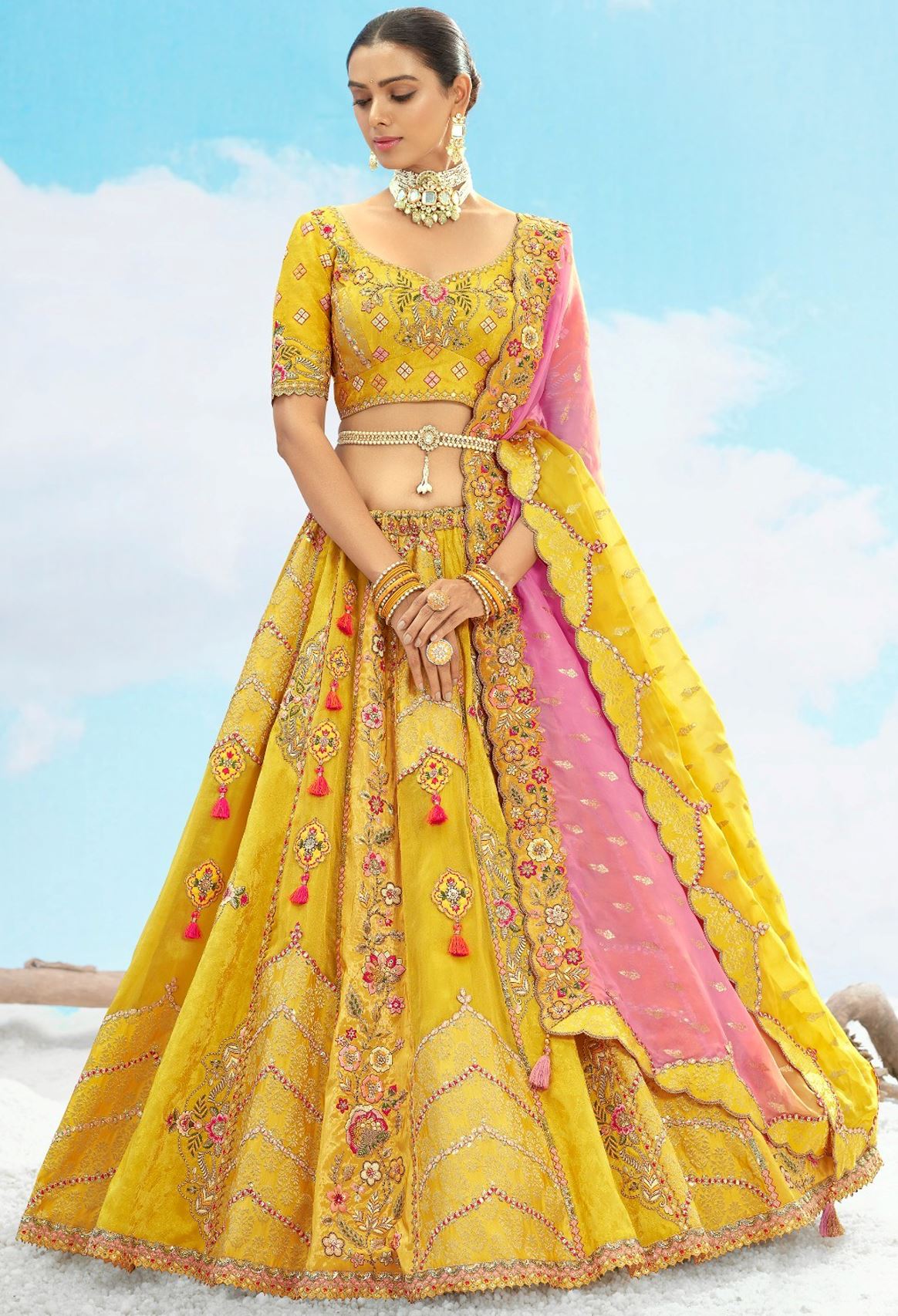 Mustard  Silk Lehenga Choli With Heavy Thread Embroidery, Zari With Sequins Work