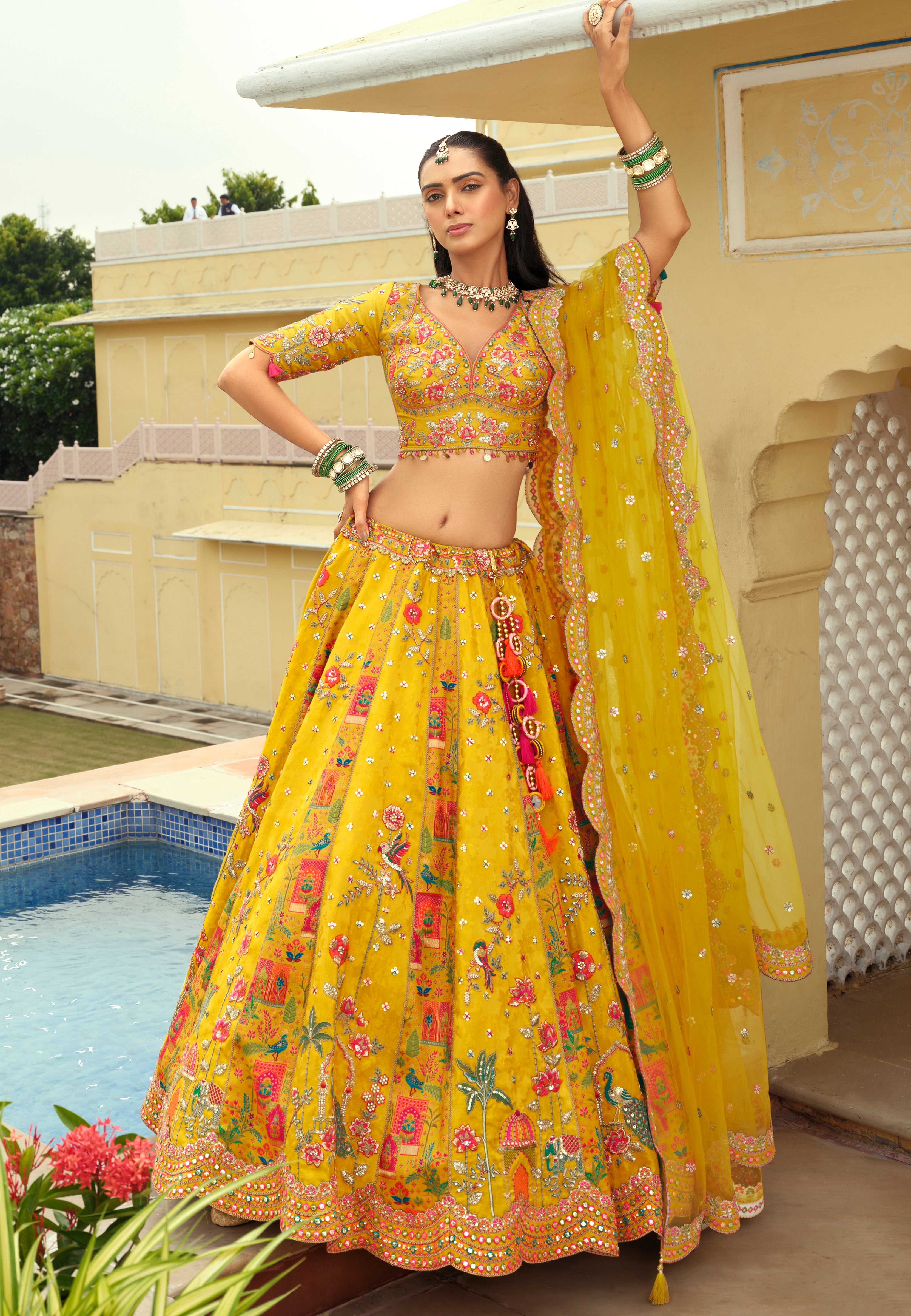 Mustard Silk Readymade Lehenga Choli With Heavy Thread Embroidery, Sequence, Border Weaving, Art Mirror and Cut Work