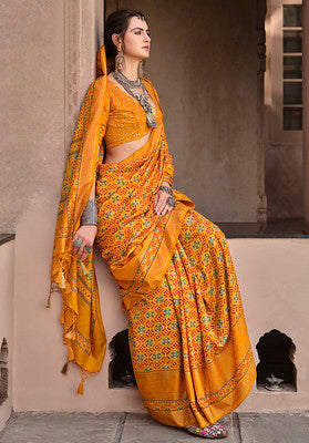 Mustard Silk Saree With  Ajrakh Print