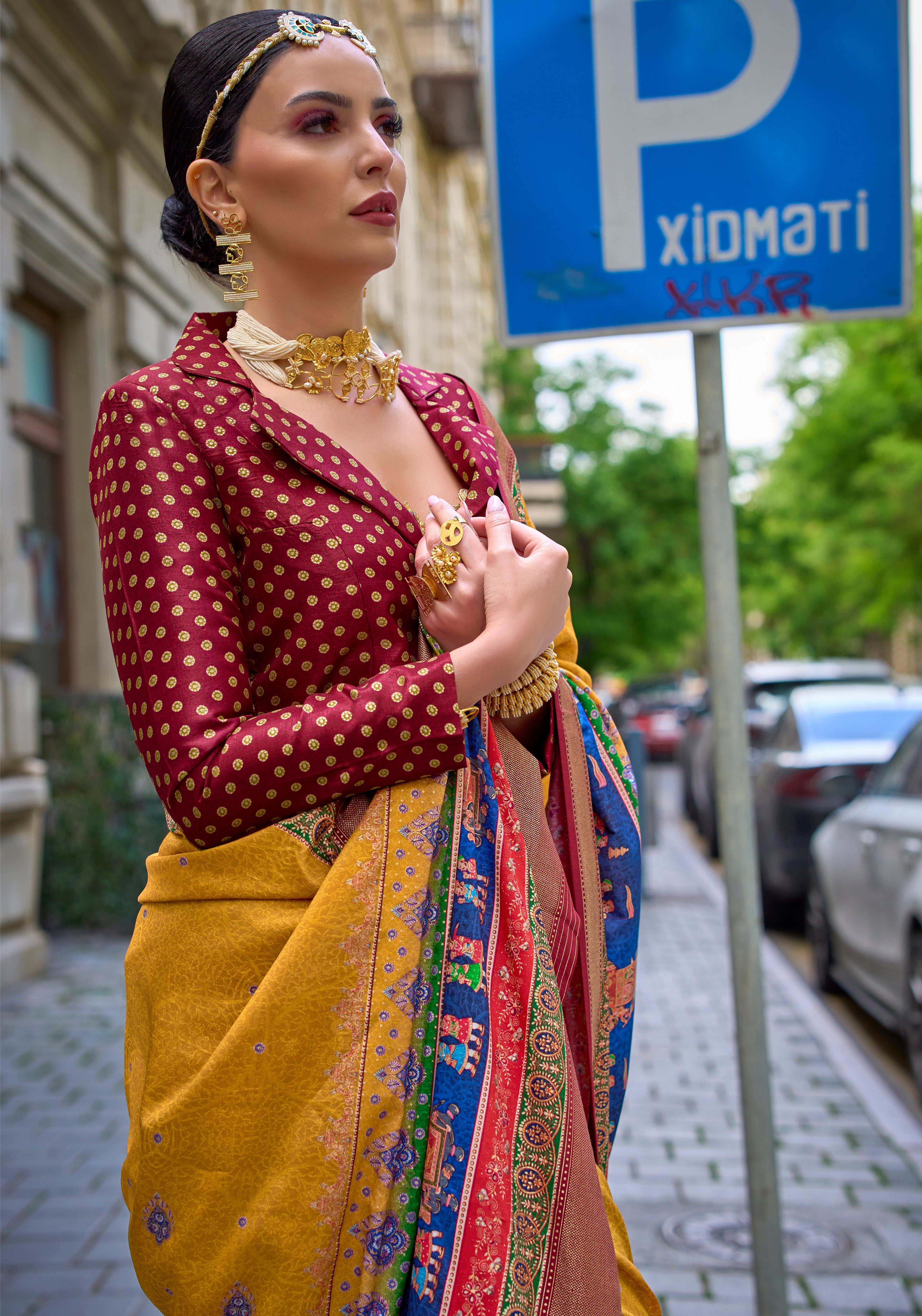 Mustard Silk Saree With  Foil Print
