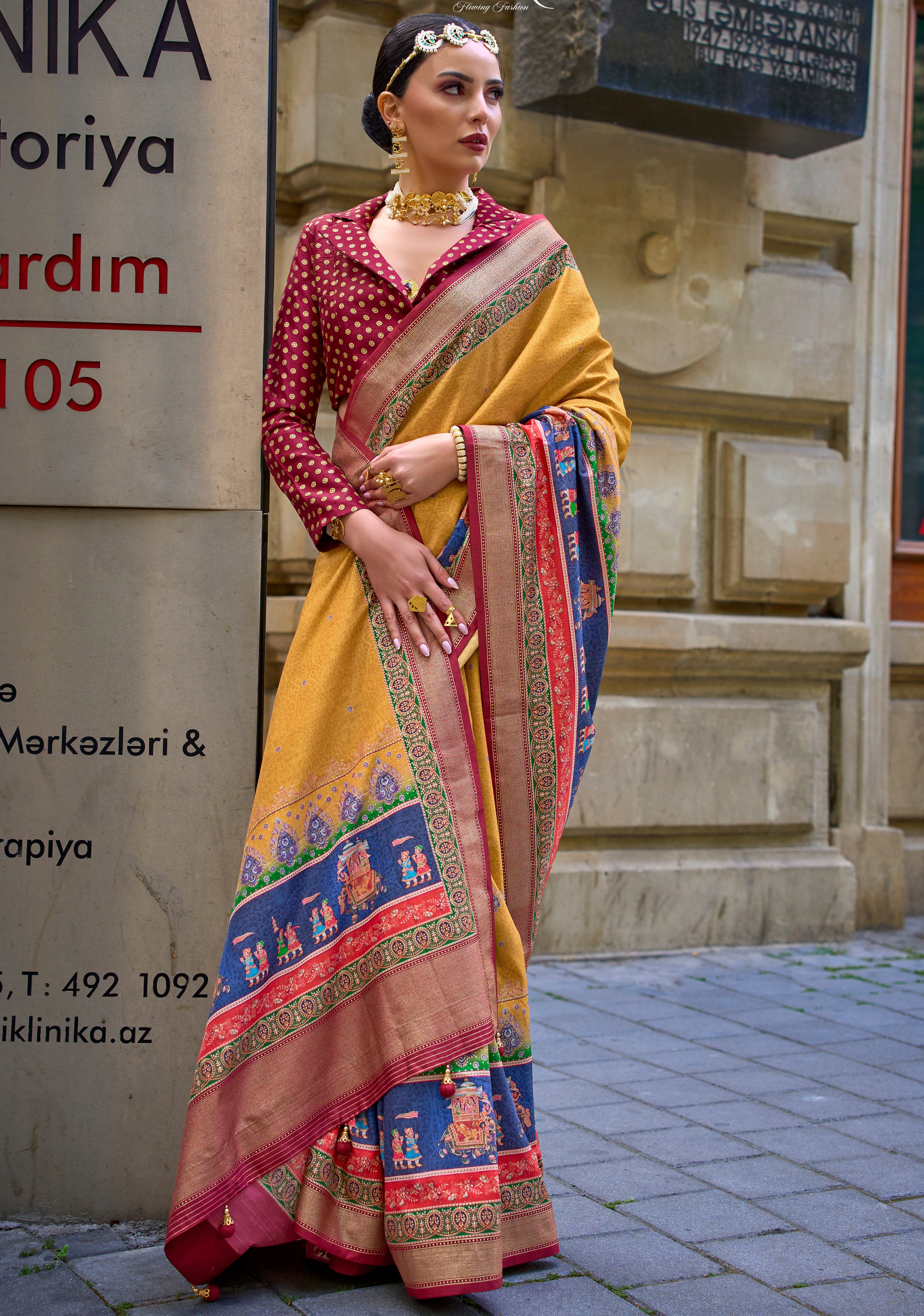 Mustard Silk Saree With  Foil Print