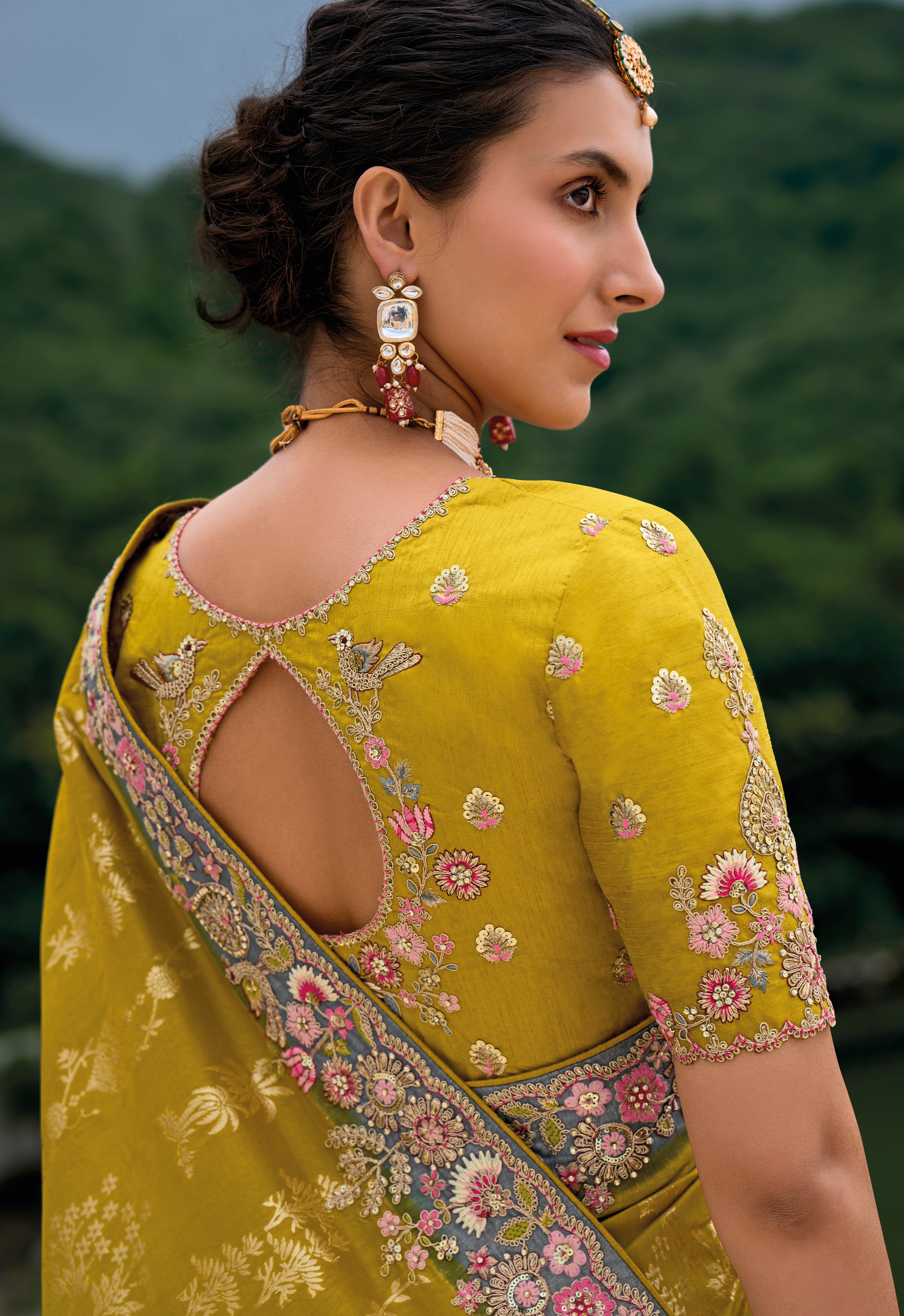 Mustard Silk Saree With  Jacquard Woven and Embroidery Work