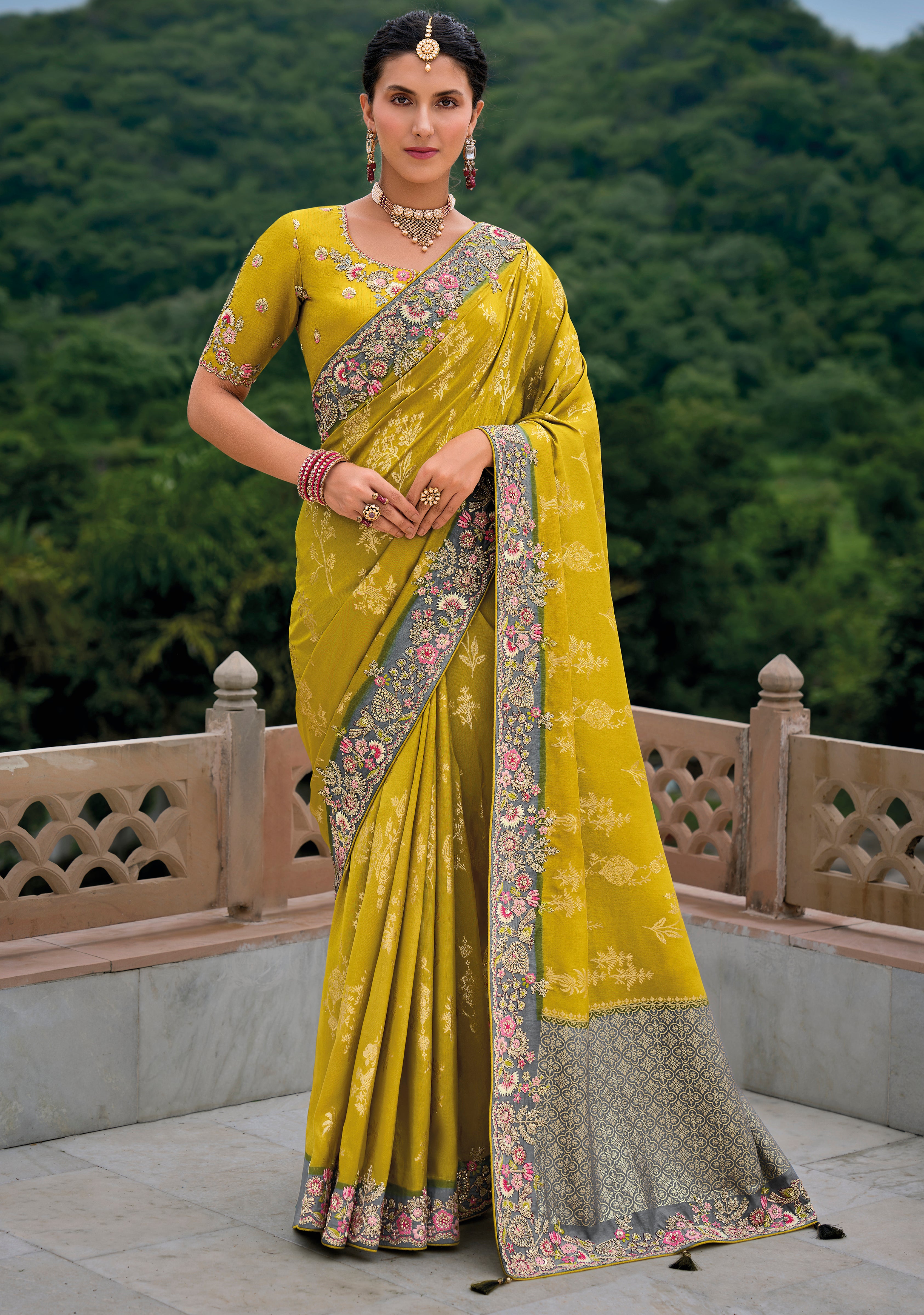 Mustard Silk Saree With  Jacquard Woven and Embroidery Work