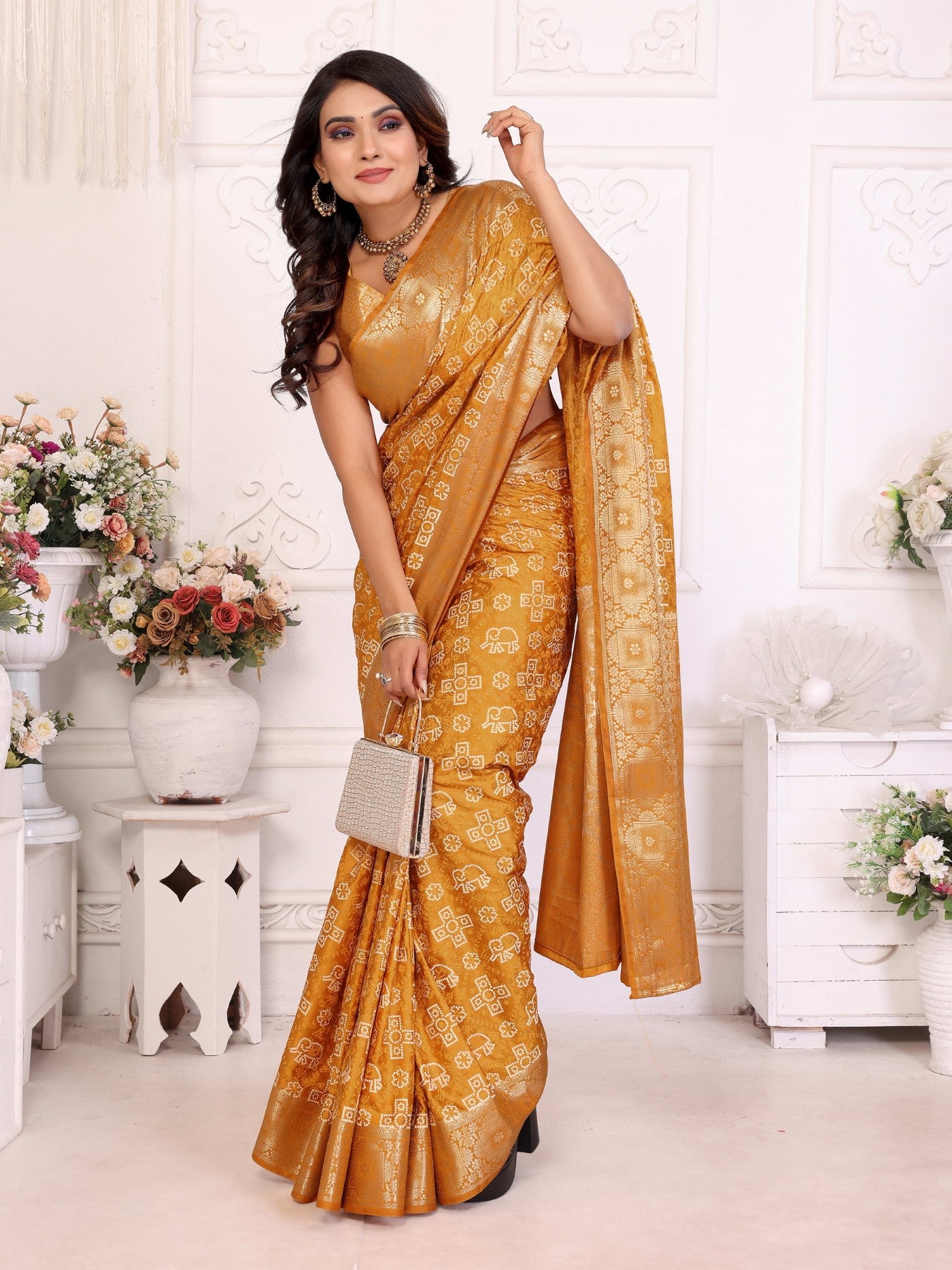 Mustard Soft Satin Silk Saree With Elegant Allover Zari Weaving