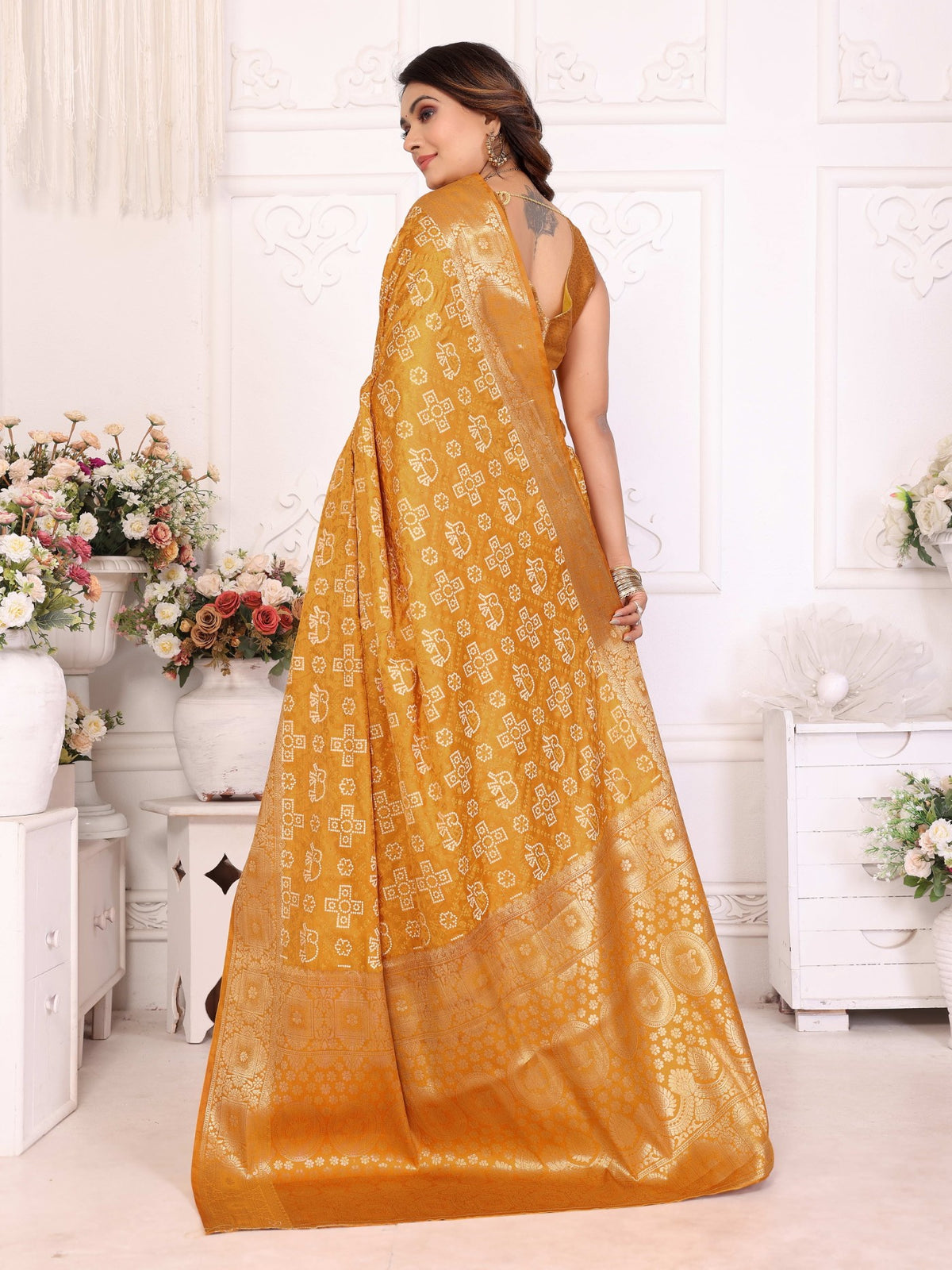 Mustard Soft Satin Silk Saree With Elegant Allover Zari Weaving