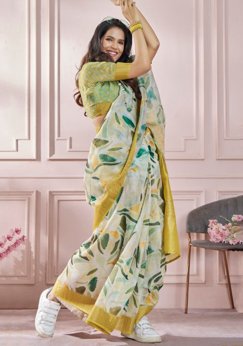 Mustard Soft Silk Saree With  Printed