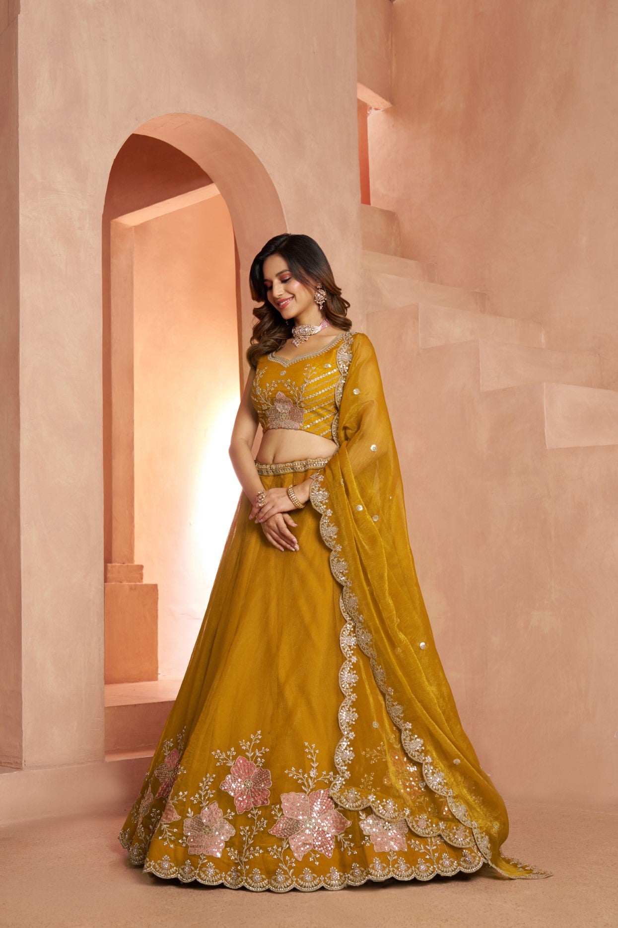 Mustard Tissue Floral Embroidered Designer Bridal Lehenga Choli Set