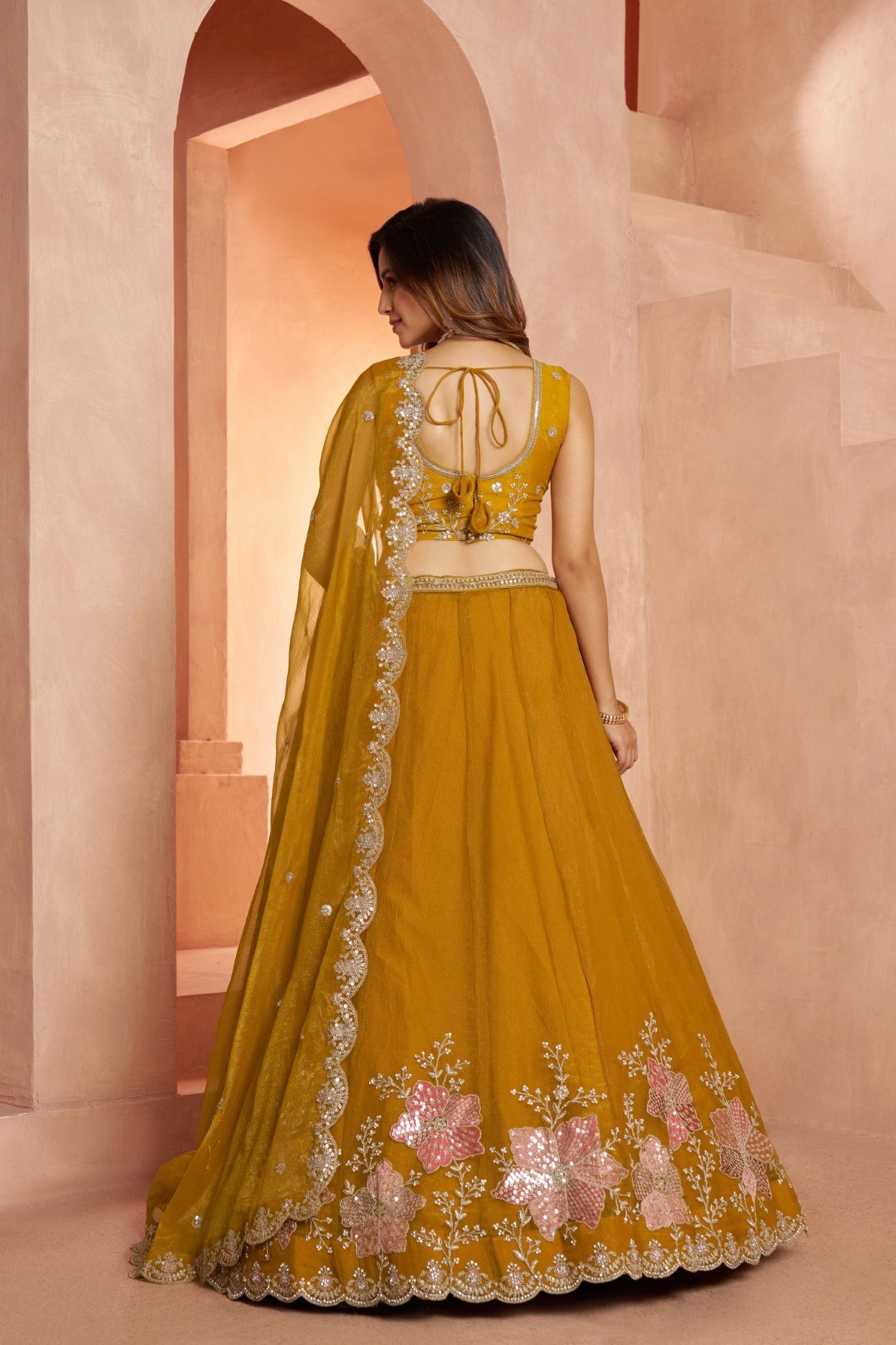 Mustard Tissue Floral Embroidered Designer Bridal Lehenga Choli Set