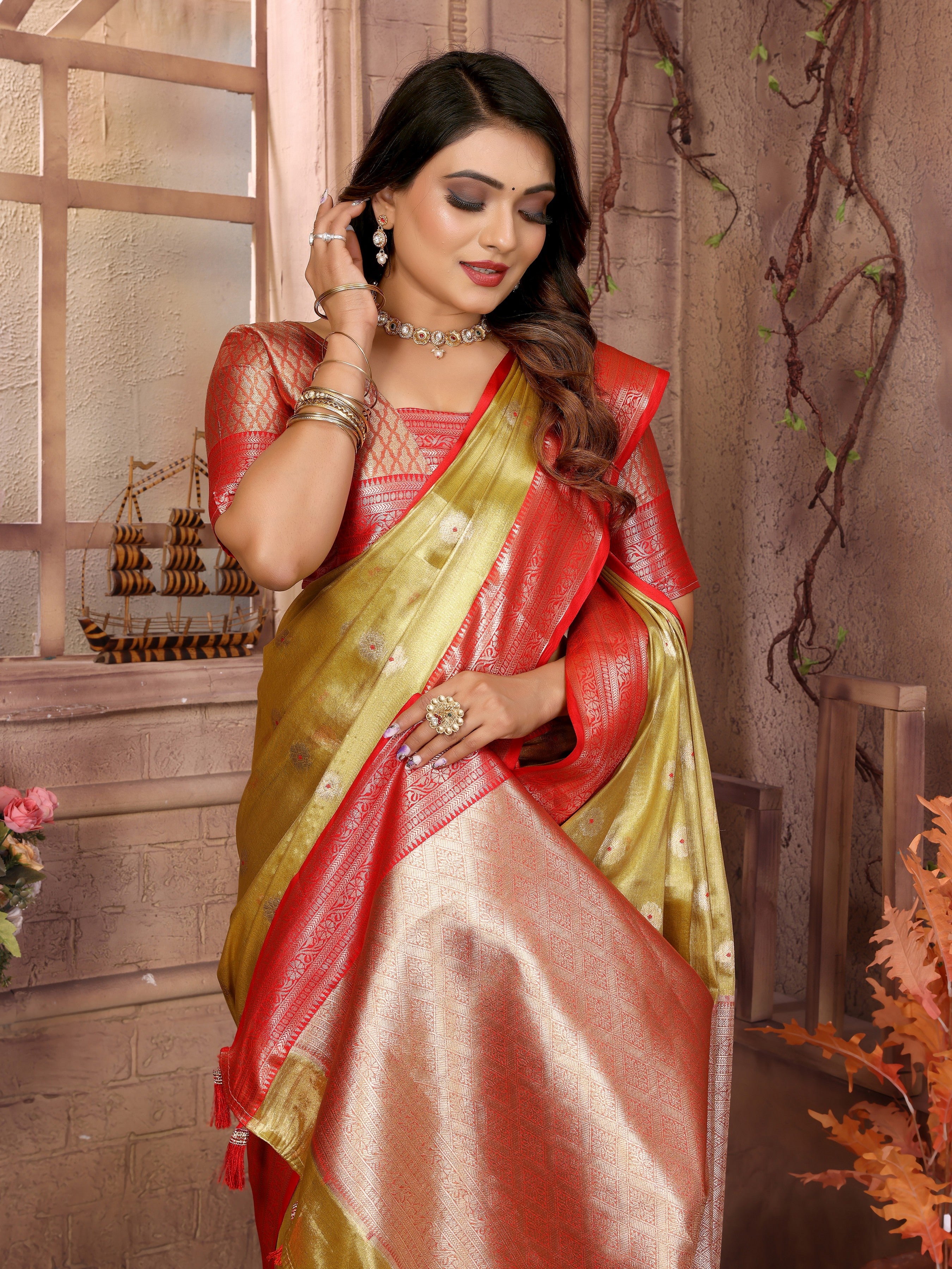 Mustard Tissue Silk Ethnic Saree With Woven Handloom Designer