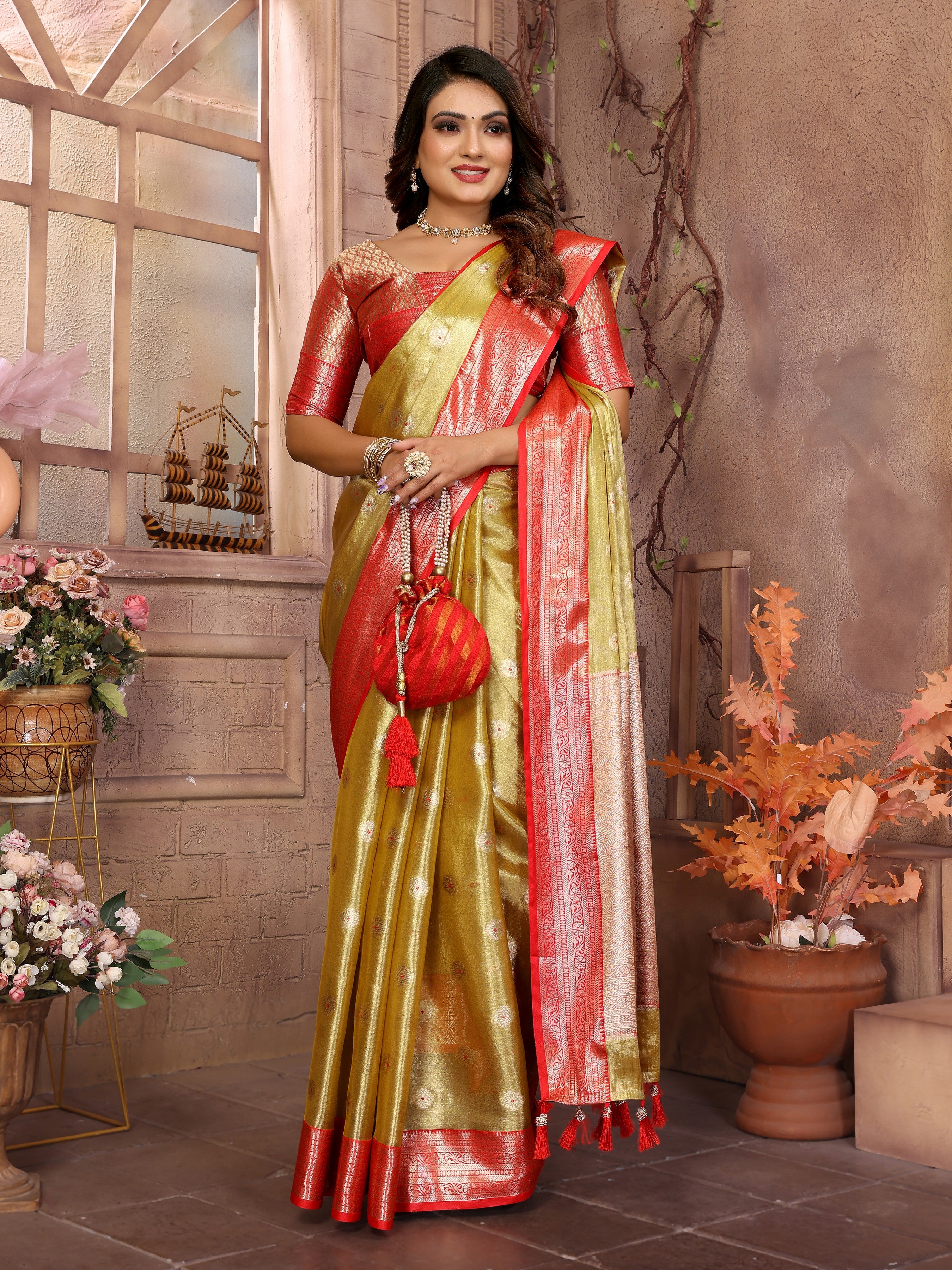 Mustard Tissue Silk Ethnic Saree With Woven Handloom Designer