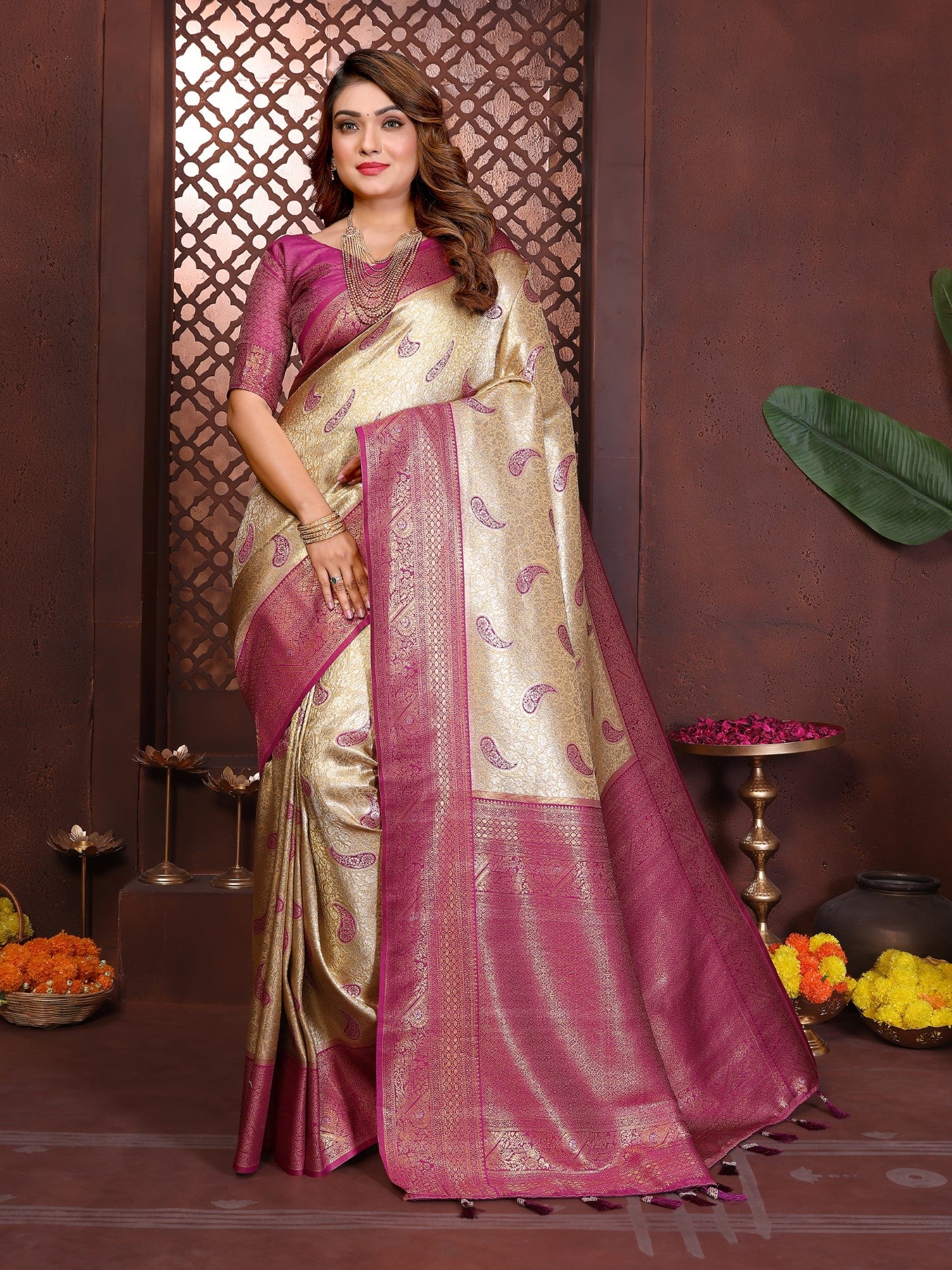 Mustard Tissue Silk Saree With Traditional Weaving