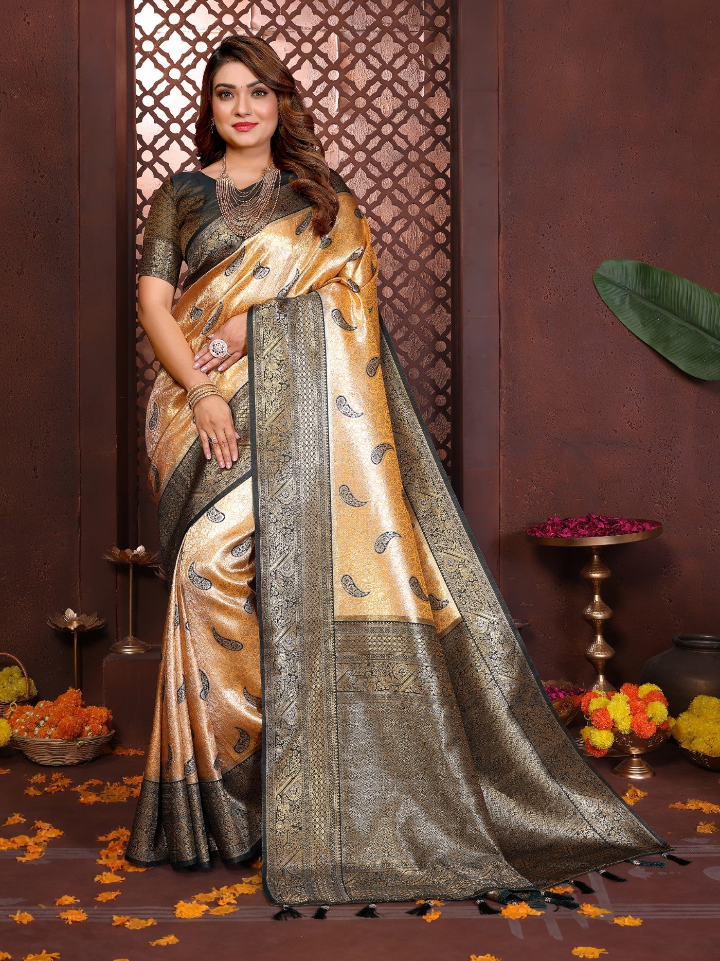 Mustard Tissue Silk Saree With Traditional Weaving