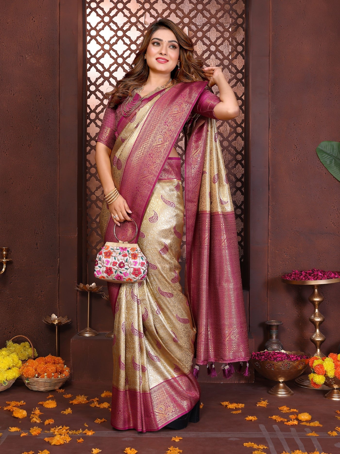 Mustard Tissue Silk Saree With Traditional Weaving