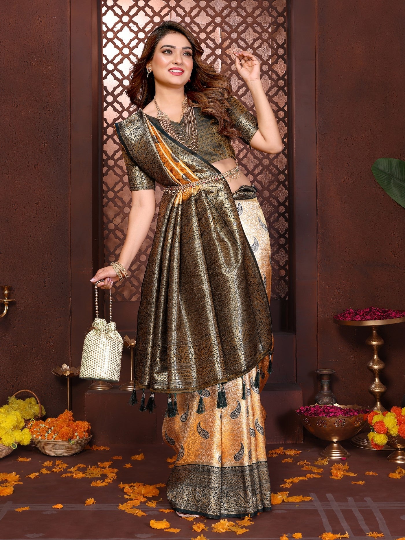 Mustard Tissue Silk Saree With Traditional Weaving