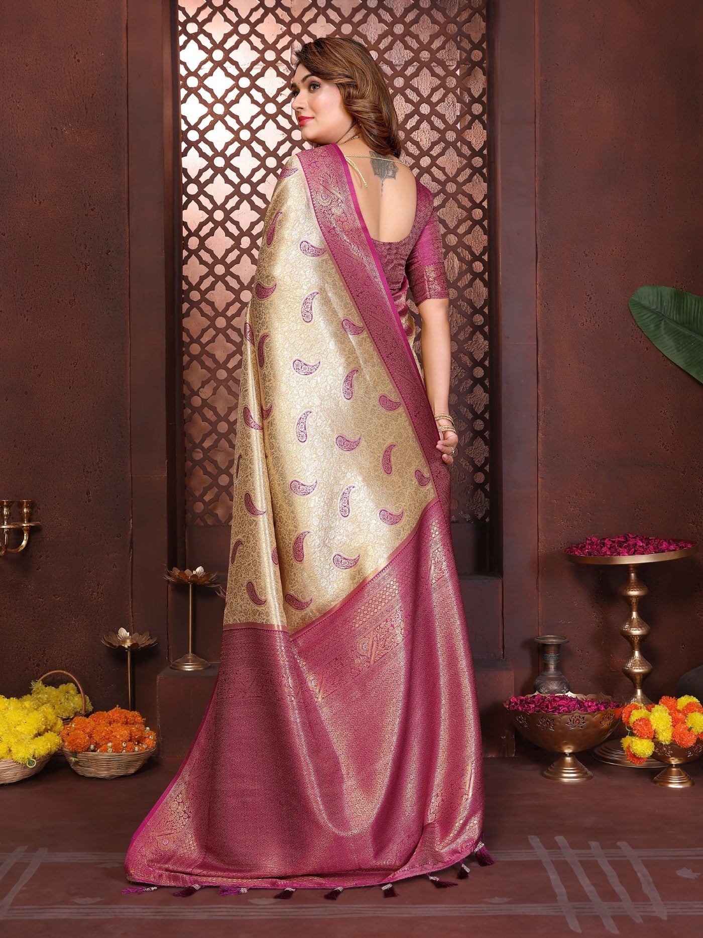 Mustard Tissue Silk Saree With Traditional Weaving