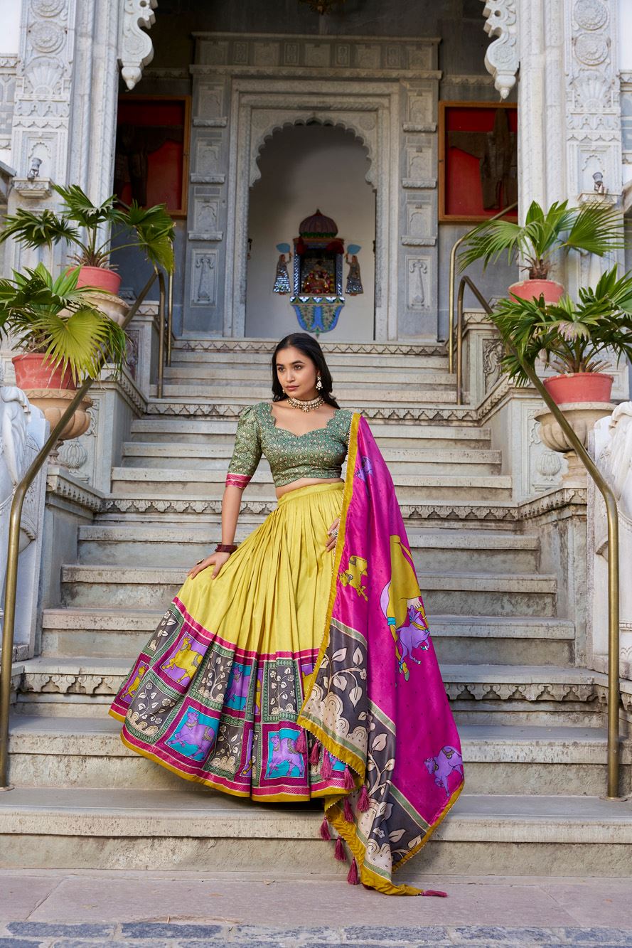 Mustard Tussar Silk Lehenga with Kalamkari Print and Elegant Foil Work Accents