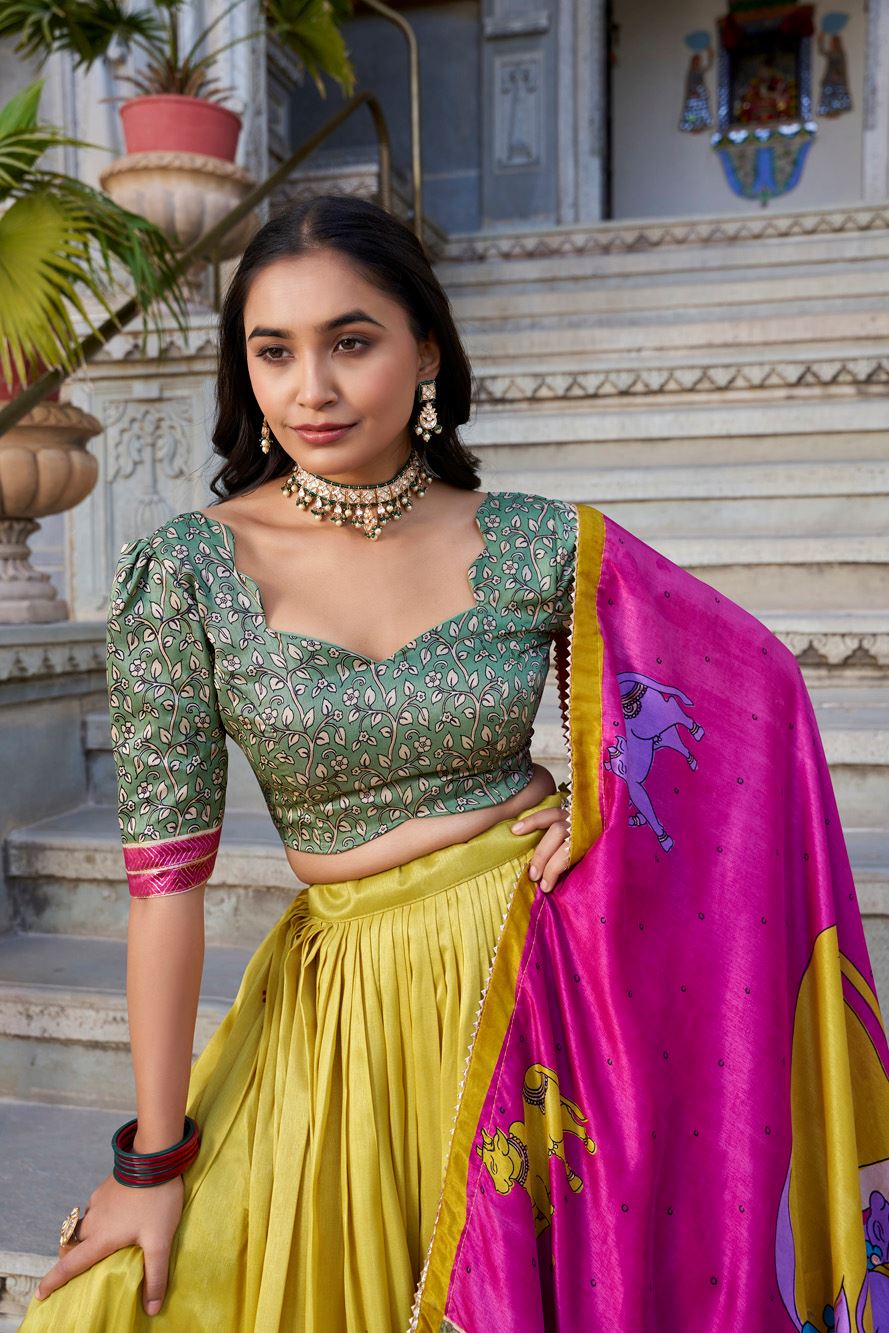 Mustard Tussar Silk Lehenga with Kalamkari Print and Elegant Foil Work Accents