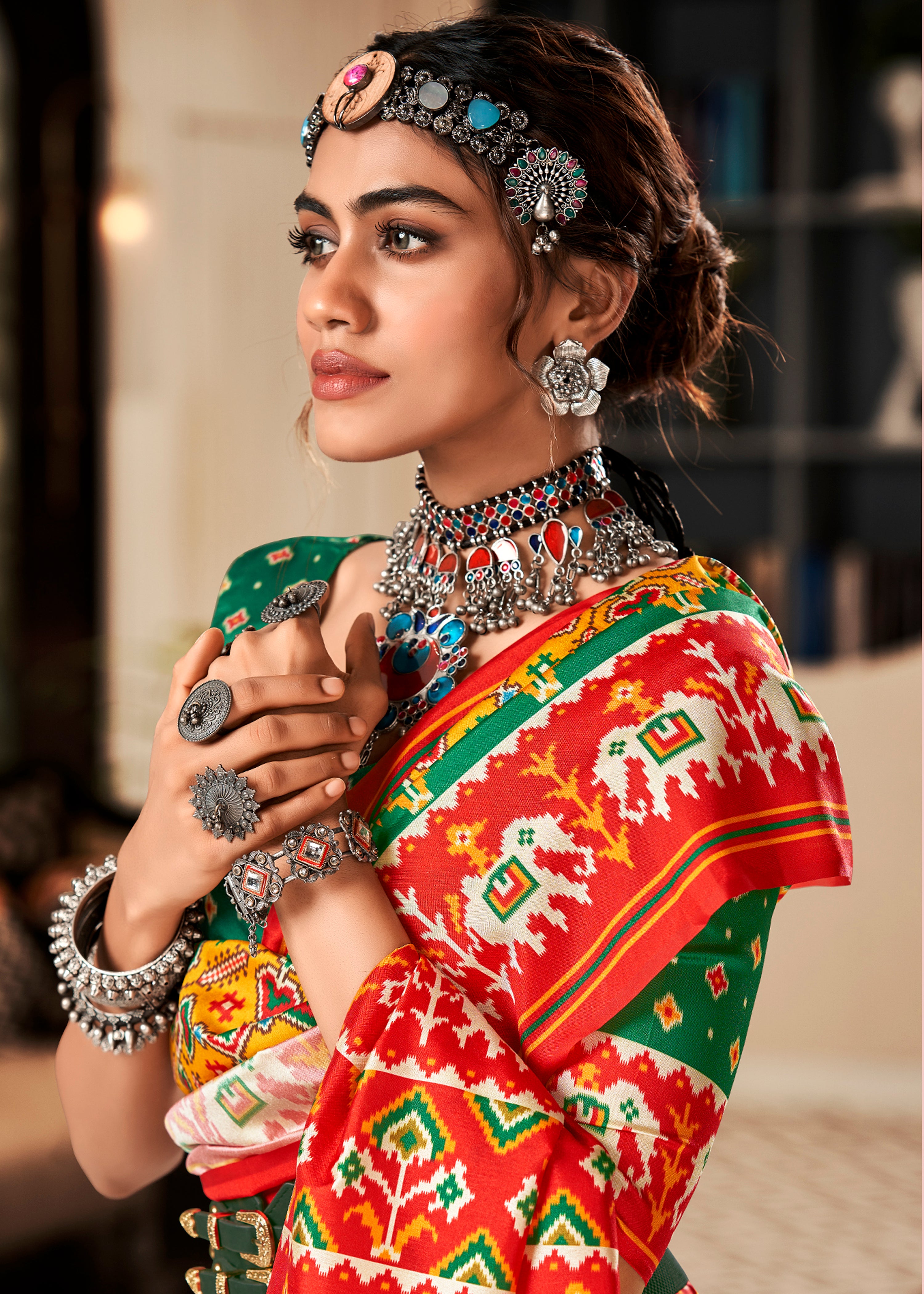 Mustard Tussar Silk Saree With  Patola Digital Print with Lagadi Patta Pallu