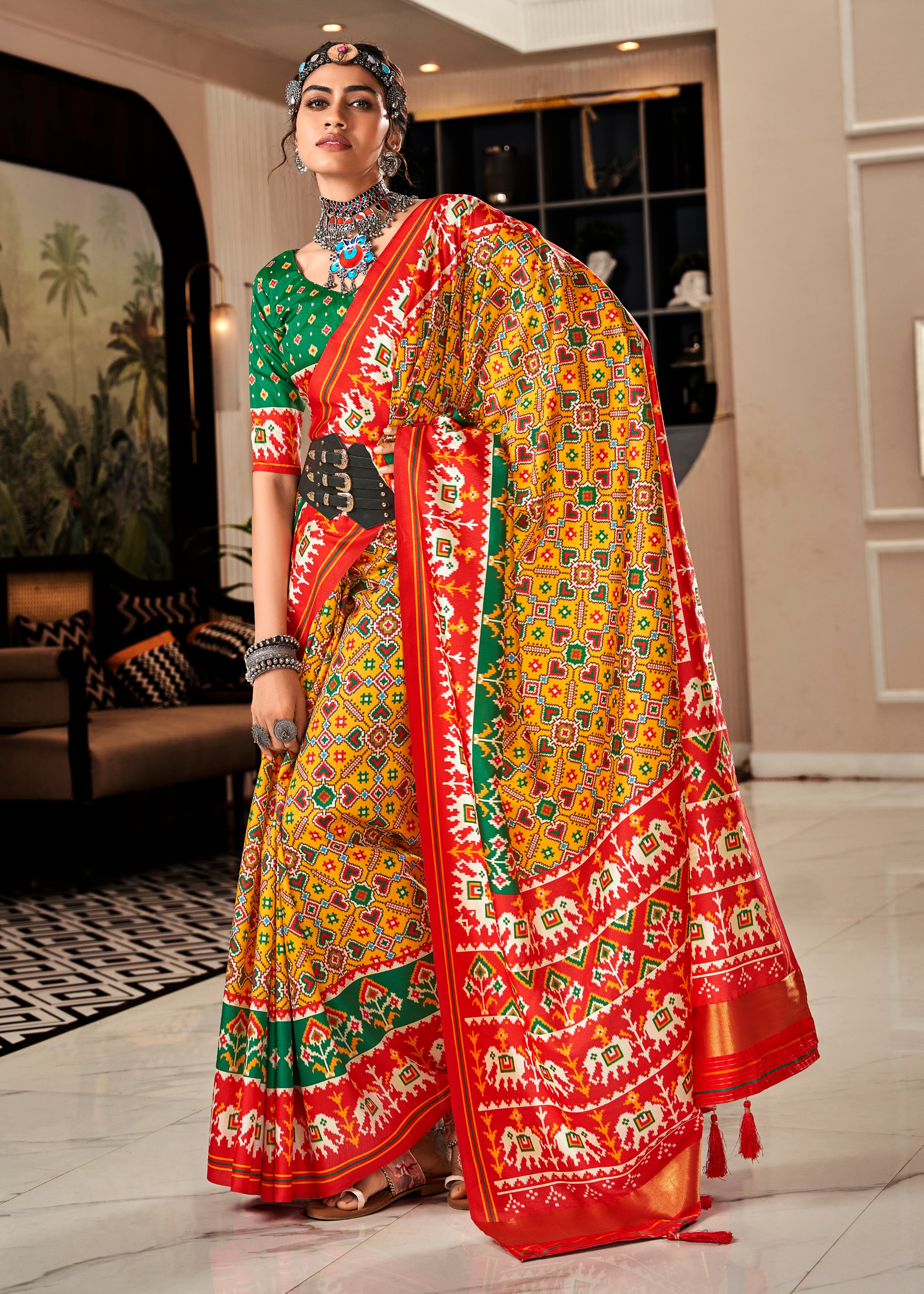 Mustard Tussar Silk Saree With  Patola Digital Print with Lagadi Patta Pallu