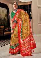 Mustard Tussar Silk Saree With  Patola Digital Print with Lagadi Patta Pallu