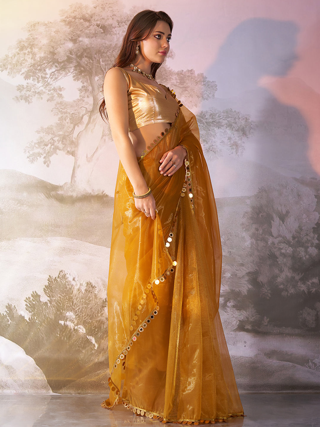 Mustard Twill Net Solid Fancy Designer Bollywood Style Saree