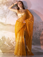 Mustard Twill Net Solid Fancy Designer Bollywood Style Saree