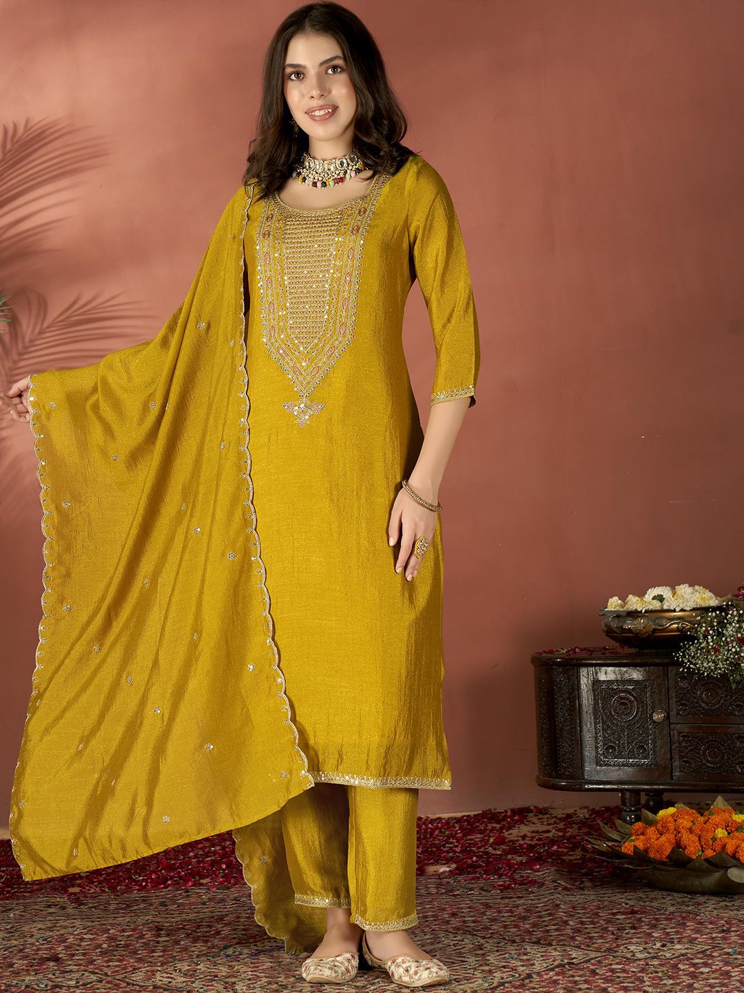 Mustard Vichitra Kurta Pant Set With Heavy Thread Embroidered Work