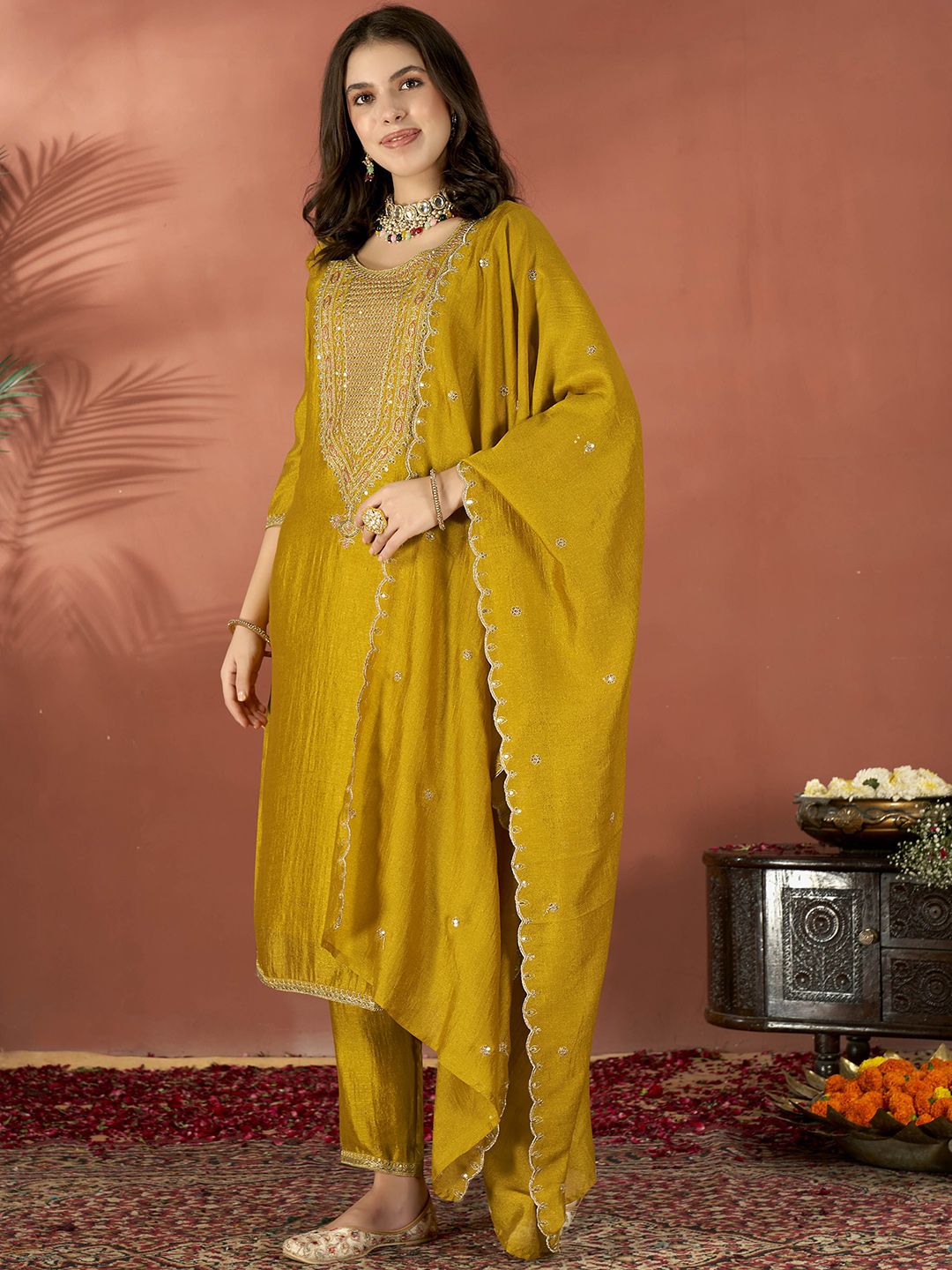 Mustard Vichitra Kurta Pant Set With Heavy Thread Embroidered Work