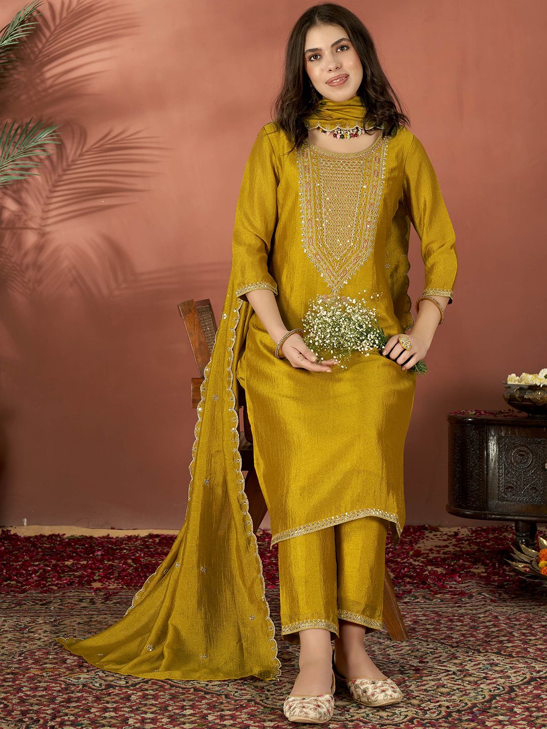 Mustard Vichitra Kurta Pant Set With Heavy Thread Embroidered Work