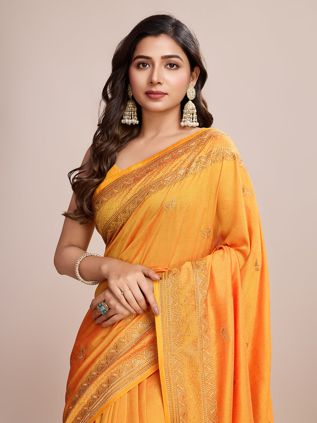 Mustard Vichitra Silk Girlie Looks Designer Embroidery Work Wedding Season Saree
