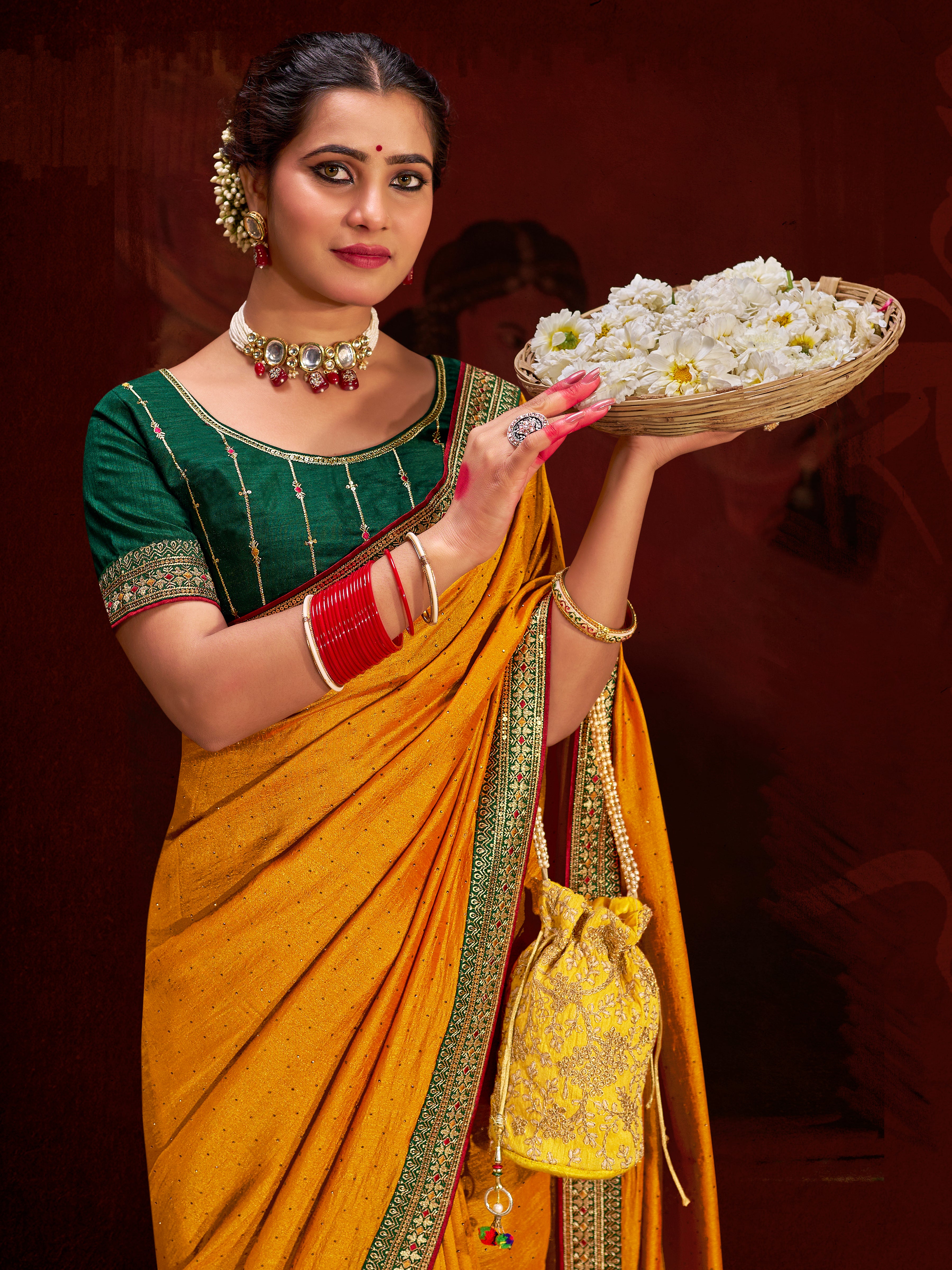 Mustard Vichitra Silk Saree With  Heavy Diamond Work and Embroidery  Lace Border