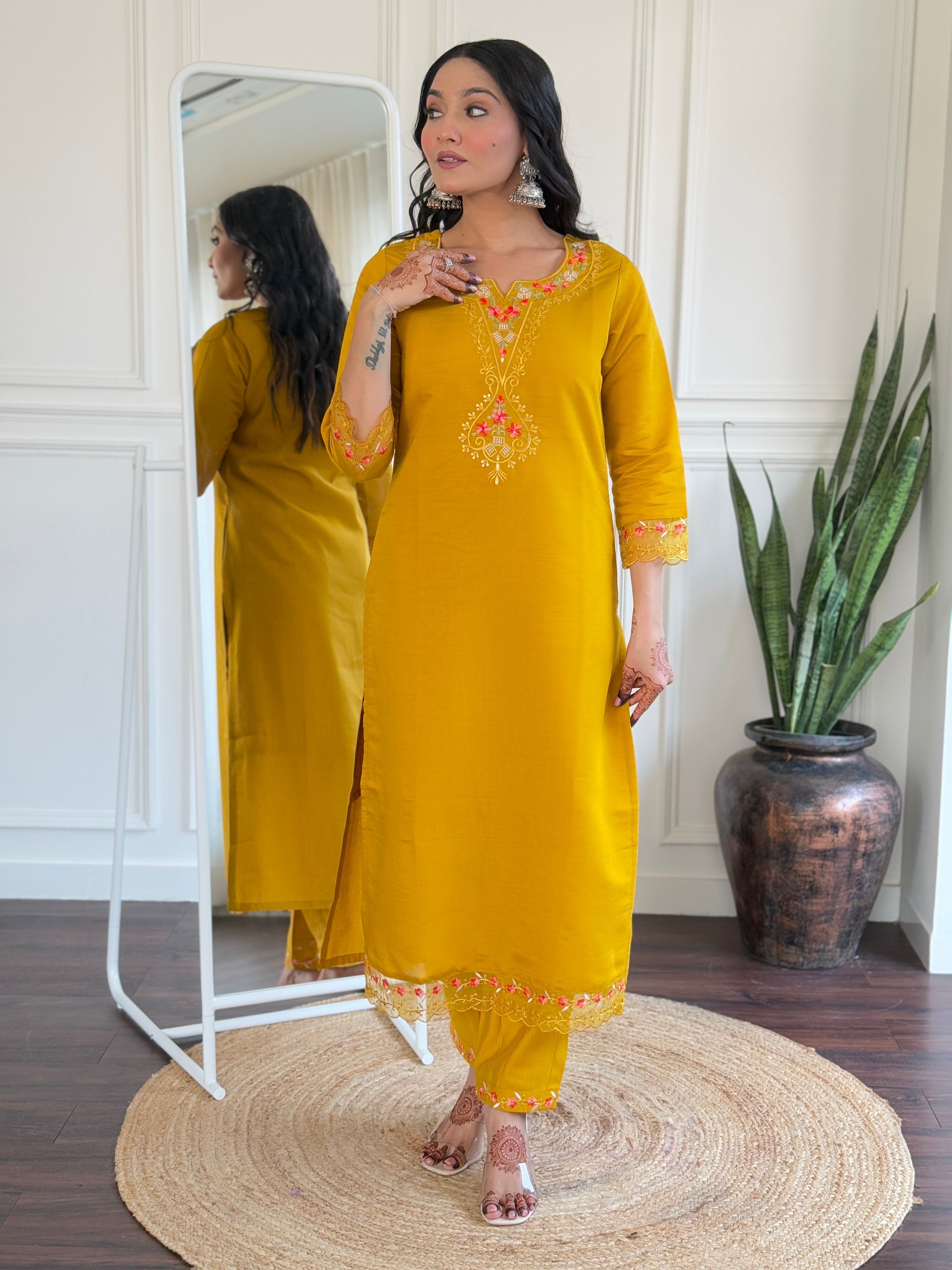 Mustard Viscose Chanderi Kurta Pant Set With Embroidery Work