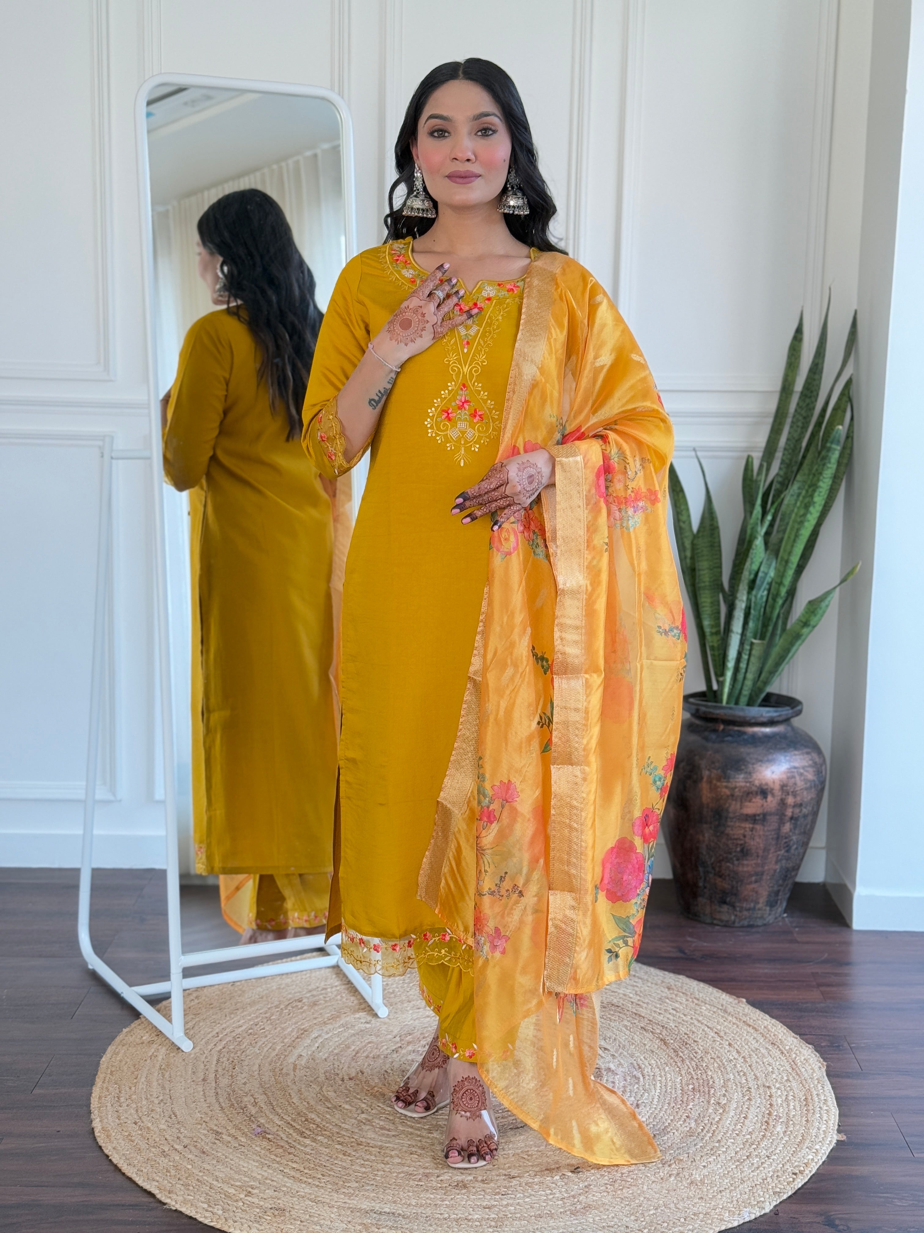 Mustard Viscose Chanderi Kurta Pant Set With Embroidery Work
