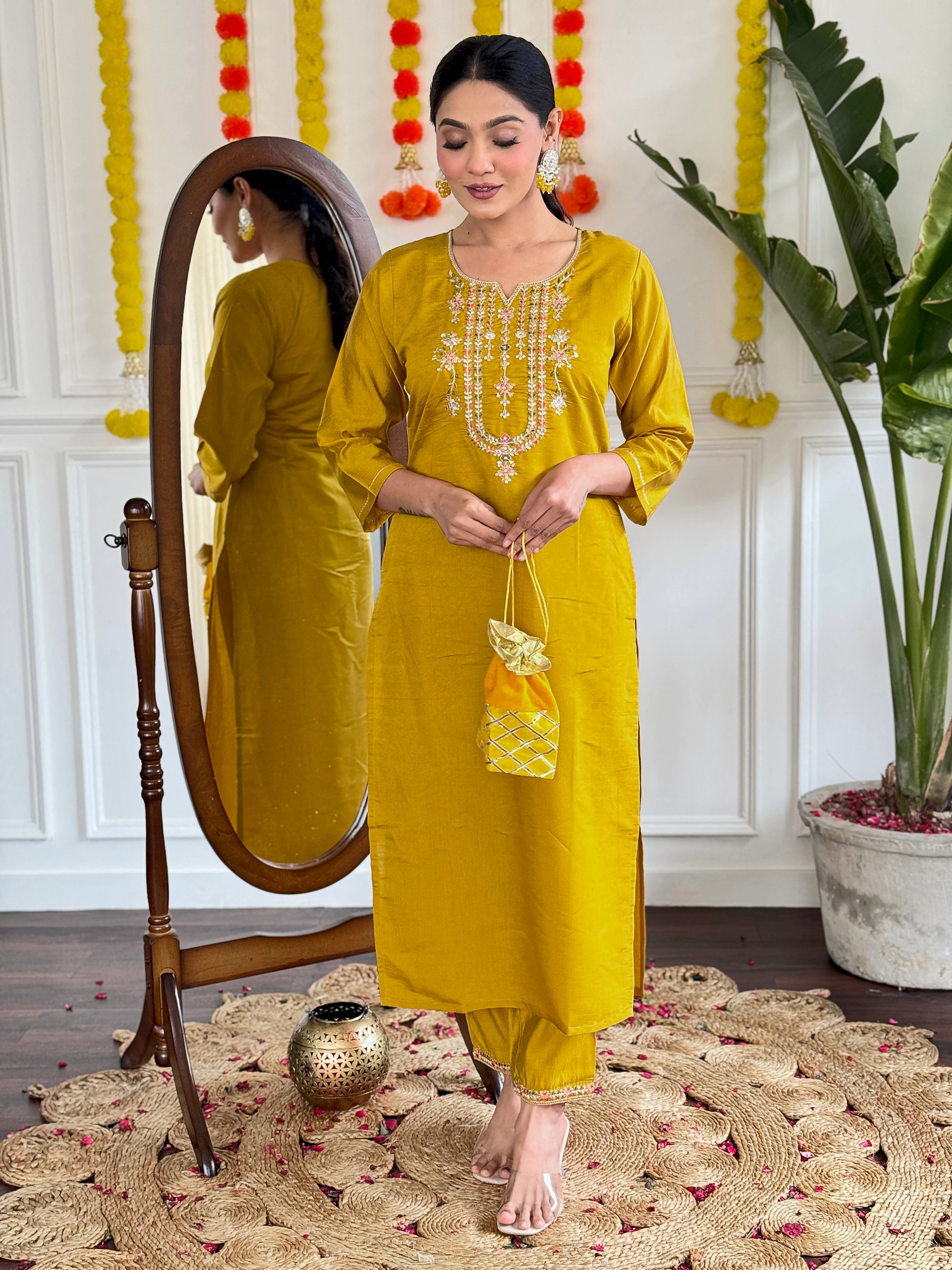 Mustard Viscose Chanderi Kurta Pant With Heavy Thread Embroidery