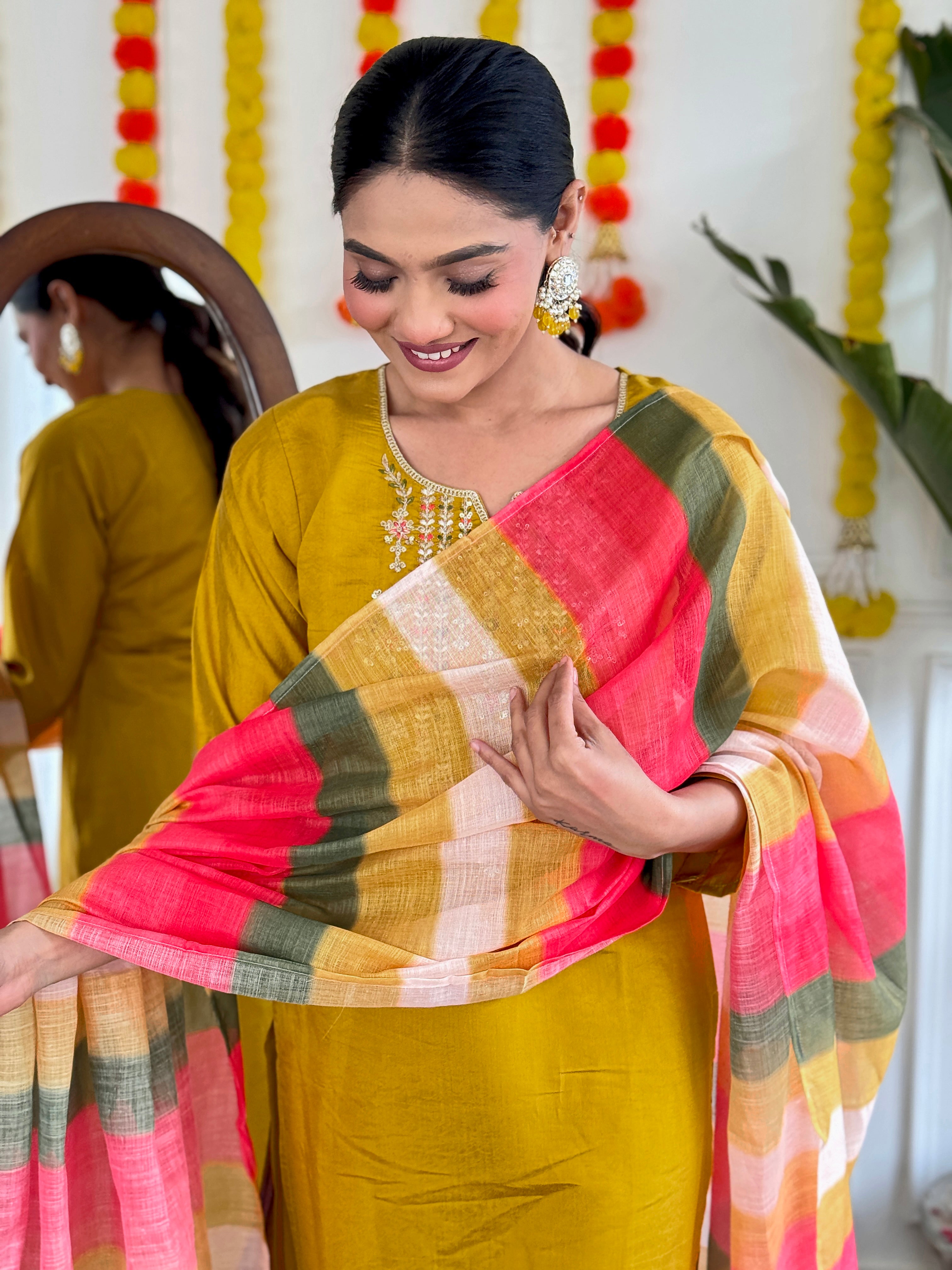 Mustard Viscose Chanderi Kurta Pant With Heavy Thread Embroidery