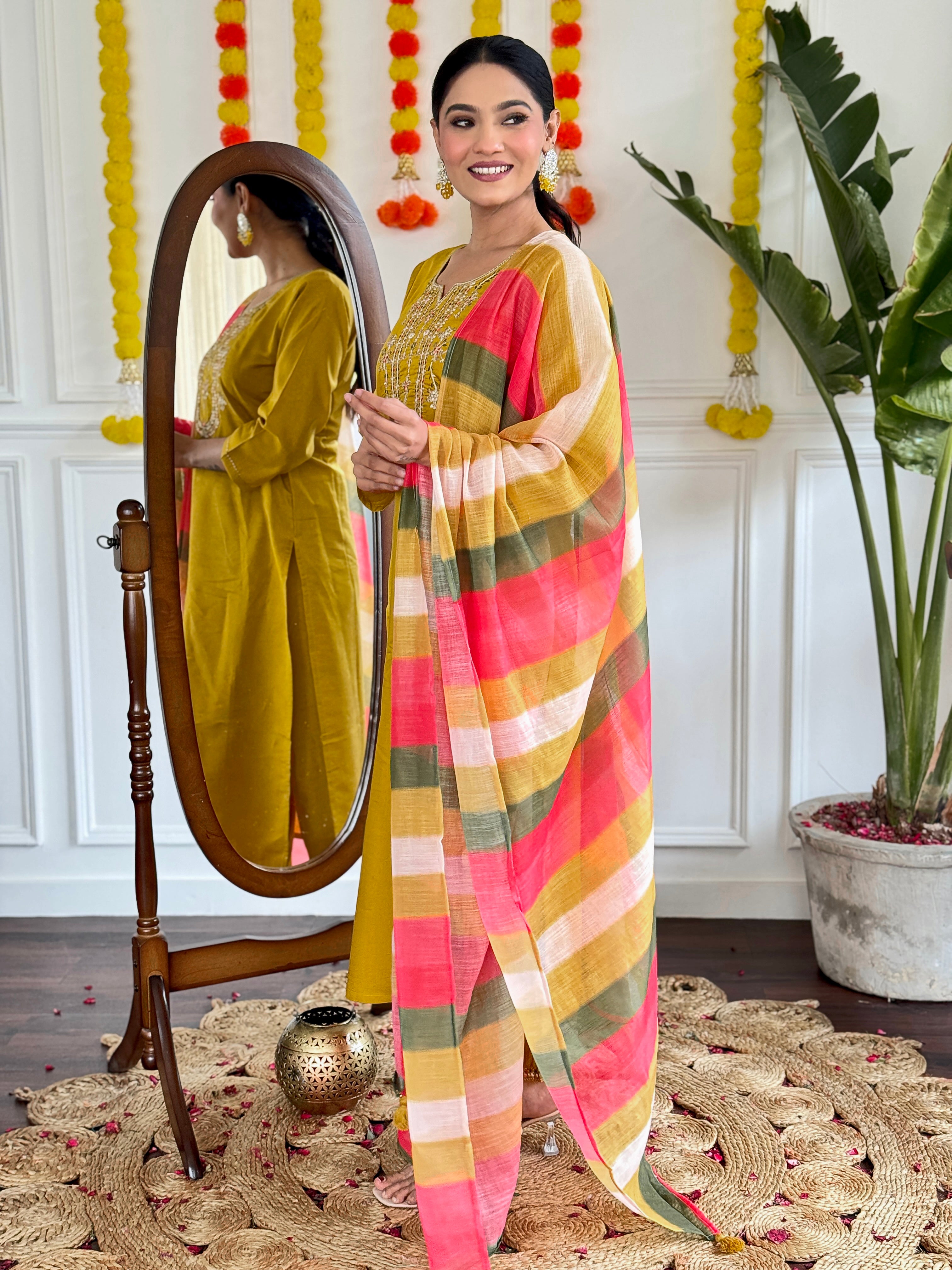 Mustard Viscose Chanderi Kurta Pant With Heavy Thread Embroidery